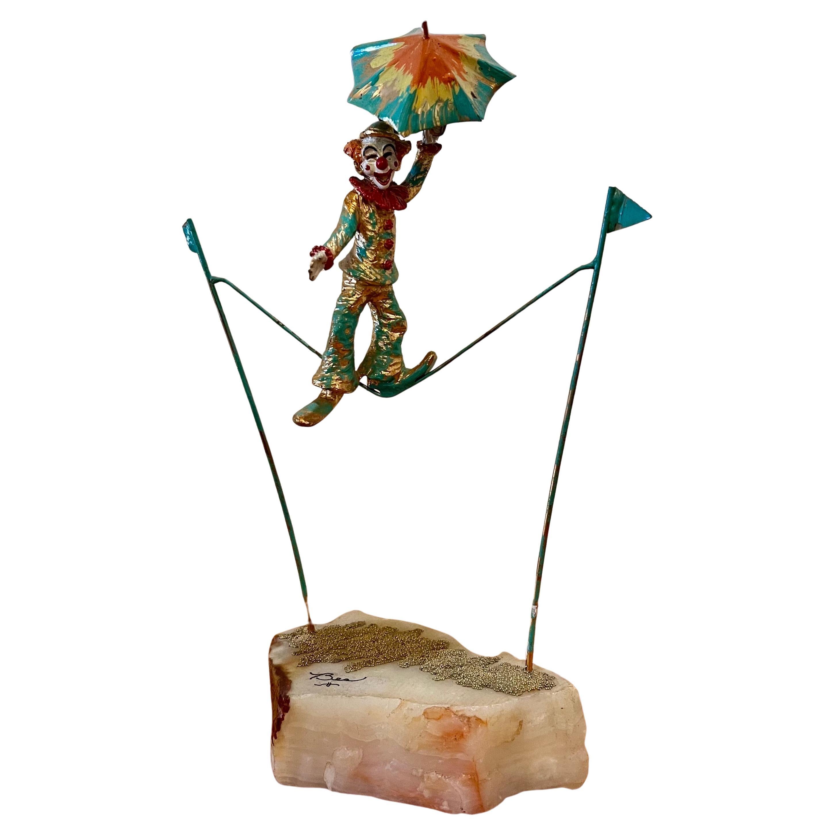 Ron Lee Clown Sculpture in Bronze Onyx Base Tightrope & Umbrella In Good Condition For Sale In San Diego, CA