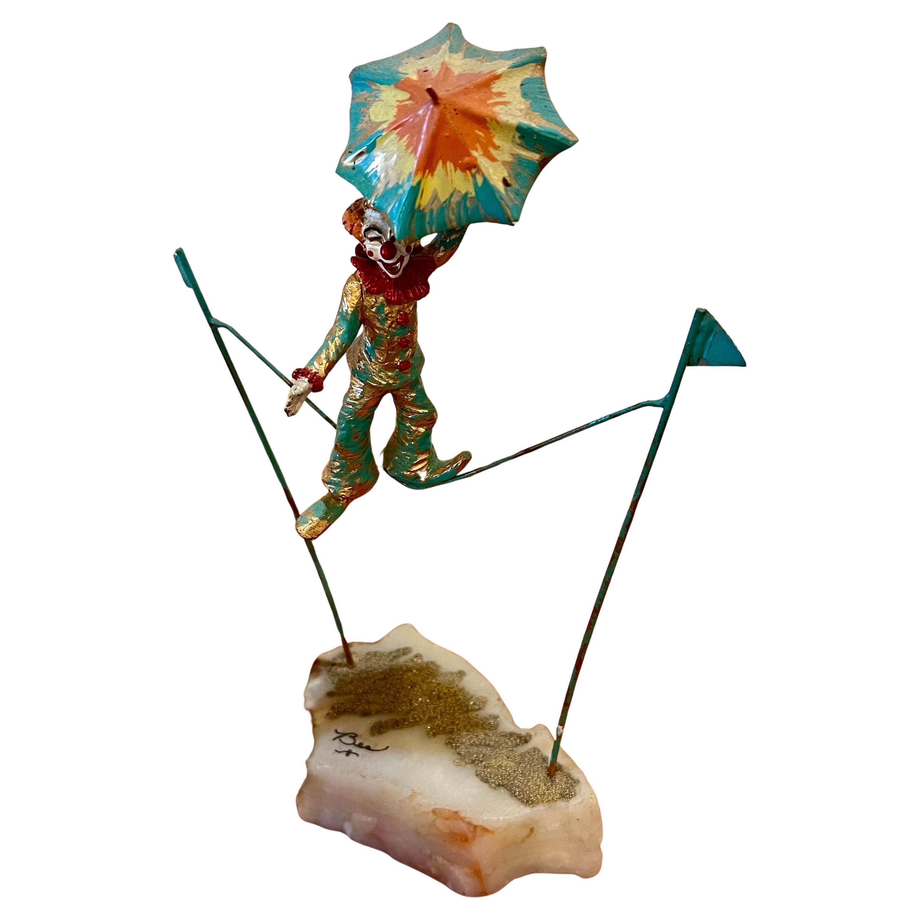 Ron Lee Clown Sculpture in Bronze Onyx Base Tightrope & Umbrella