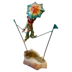 Ron Lee Clown Sculpture in Bronze Onyx Base Tightrope & Umbrella
