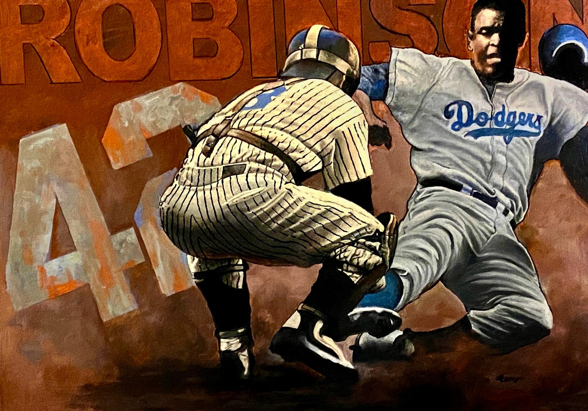 Jackie Robinson roba la casa, el béisbol de los Dodgers - Painting de Ron Lesser
