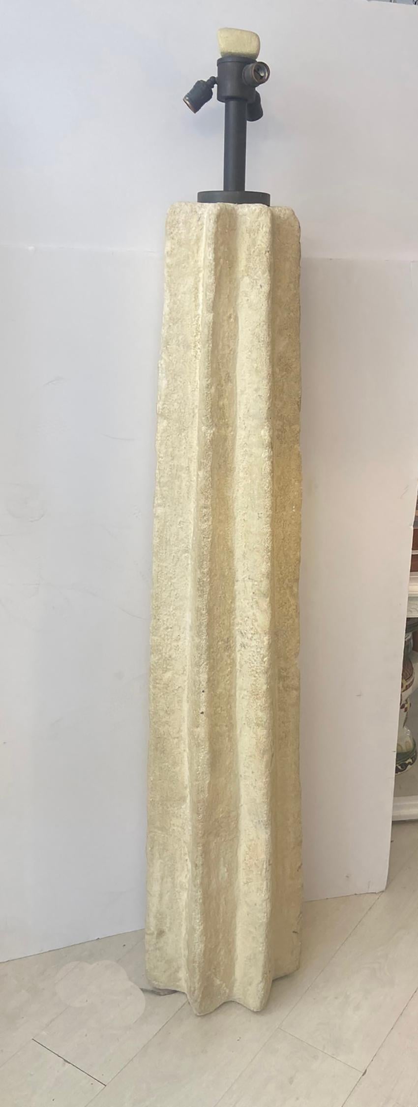 Beautiful cast stone floor lamp 14 inches wide by 14 inches deep by 74 inches high… A very large impressive lamp. Aged to a beautiful patina. 