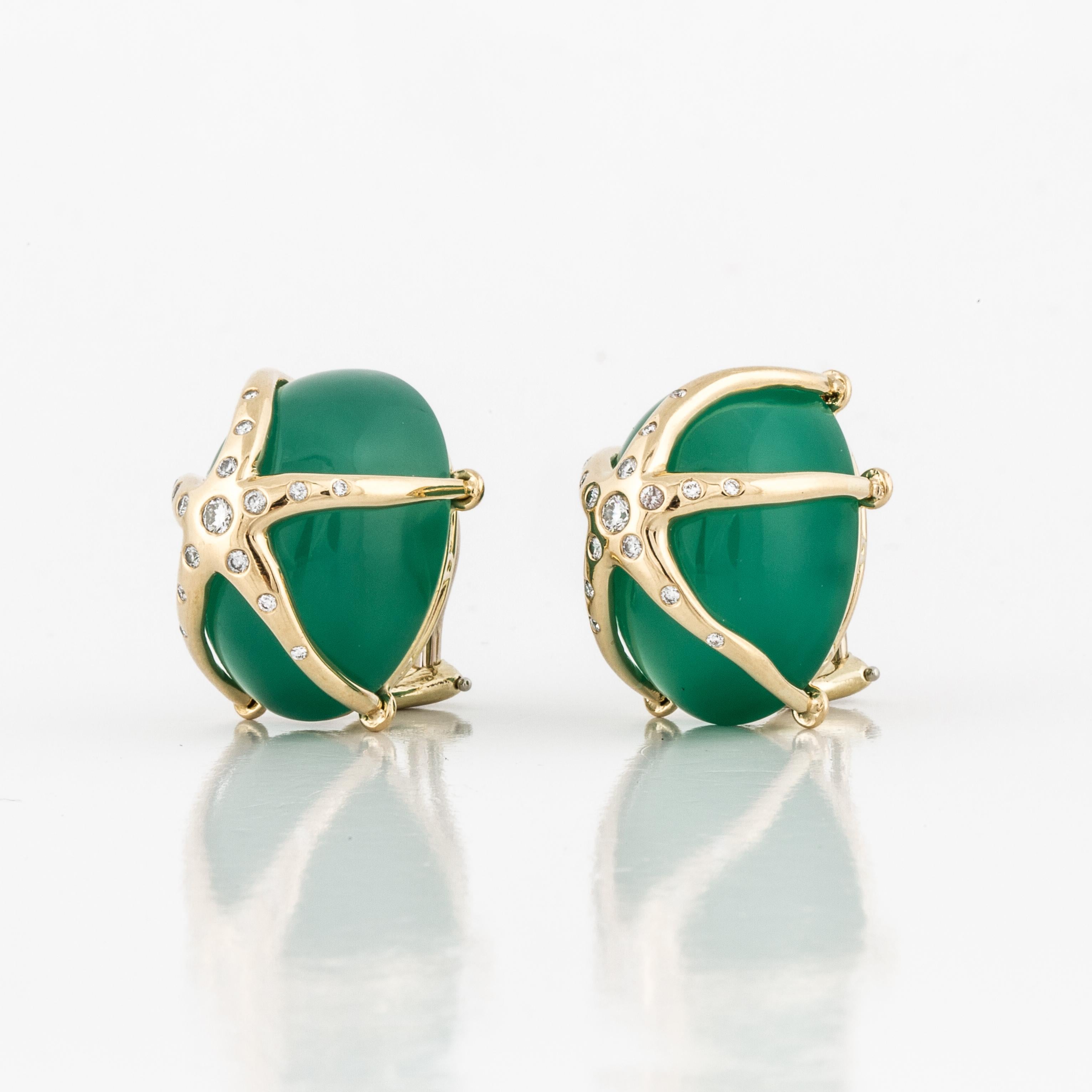 Ron McNamer earrings in 18K yellow gold featuring chrysoprase accented by round diamonds.  They are marked 