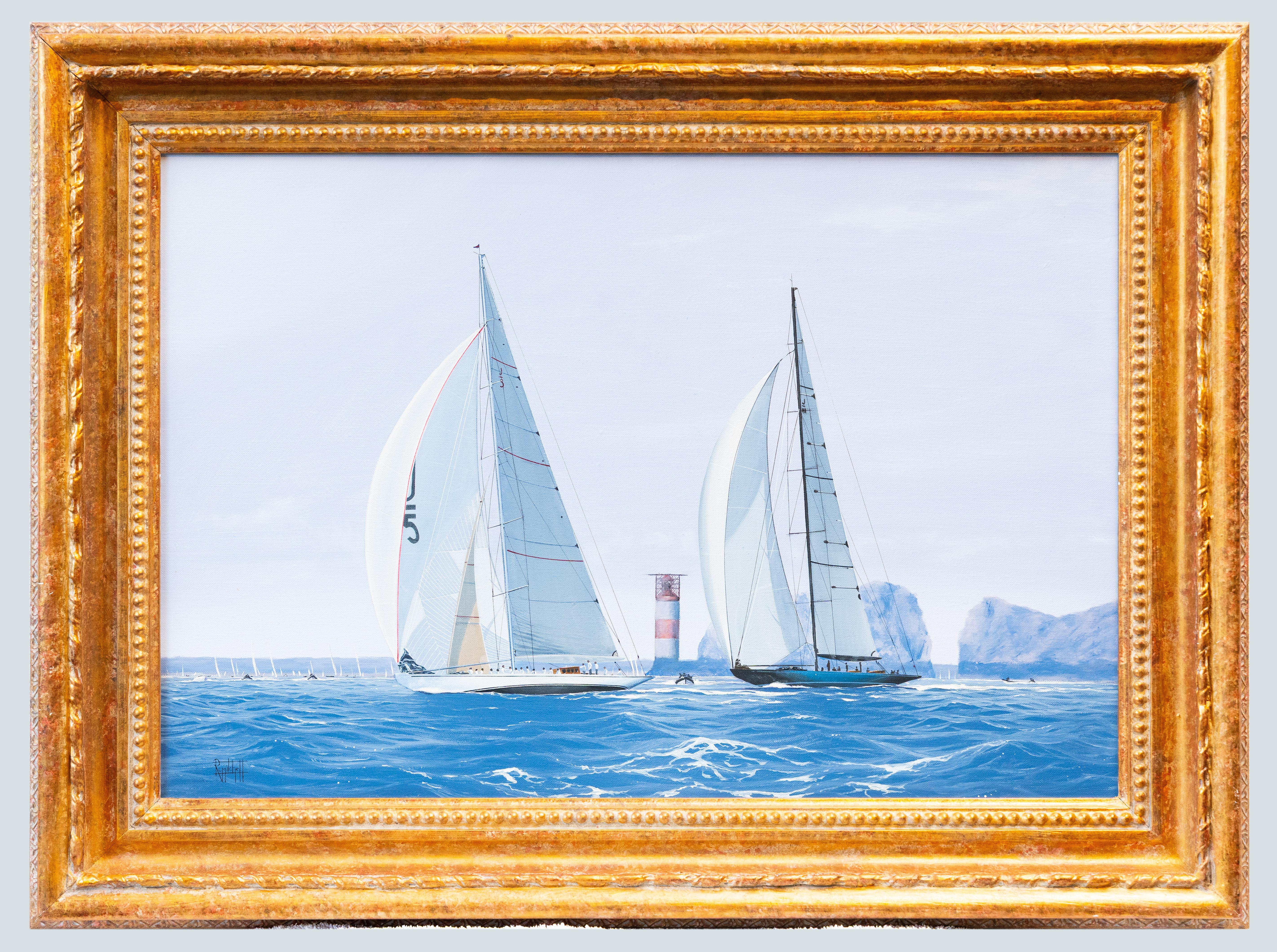 Ron Mitchell Landscape Painting - Ranger and Lionheart Racing off The Needles, Isle of Wight, 2012