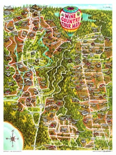 Original Wine Country Tour Map vintage California fun map, linen-backed.