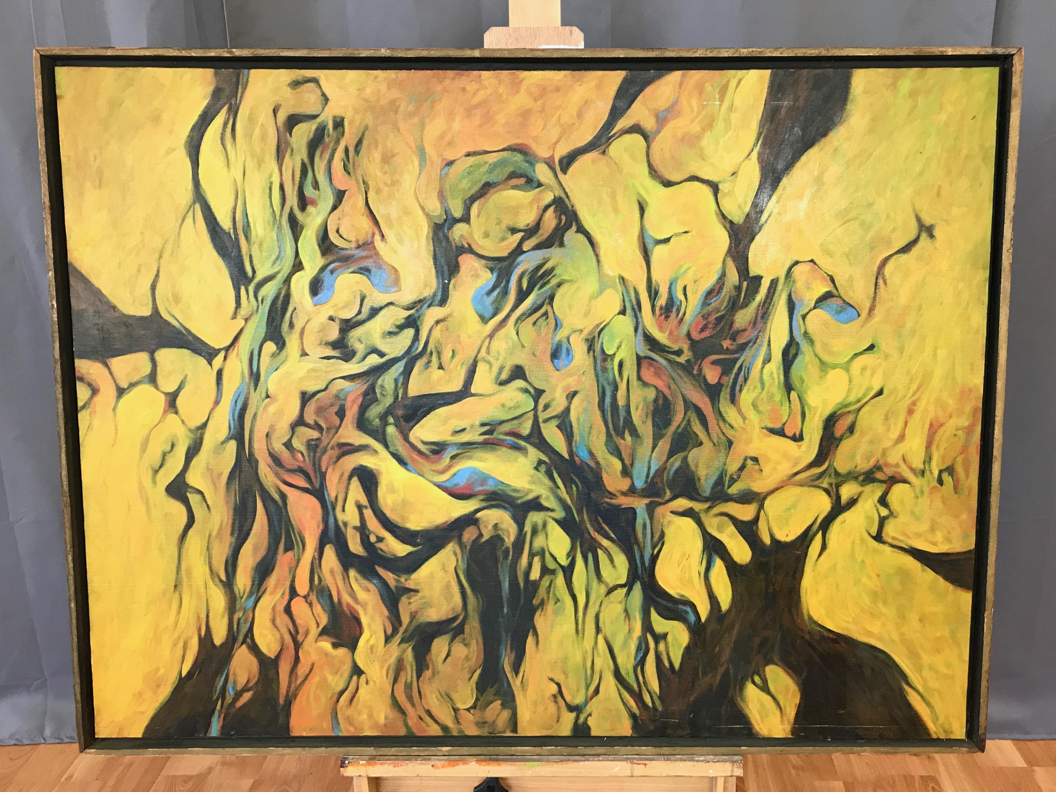 A very early and expansive abstract impressionist or surrealist oil painting by listed California artist and educator Ron Ownbey (b. 1938) in original custom frame.

An impressively sized and engaging early example of Ownbey’s distinctive organic