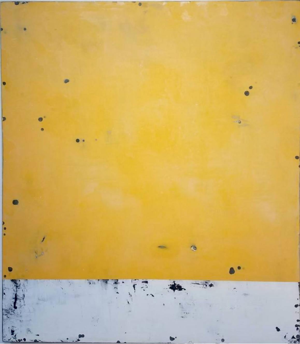 Contemporary large painting by US artist Ron Piller.

Acrylic, Household, Gloss medium on Wood.

Yellow monochrome with large white band at the bottom. 
Contemporary. Modern. Soft glossy reflective surface