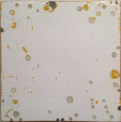 Ovid #6 - white, yellow, grey, geometric, dots painting on wood