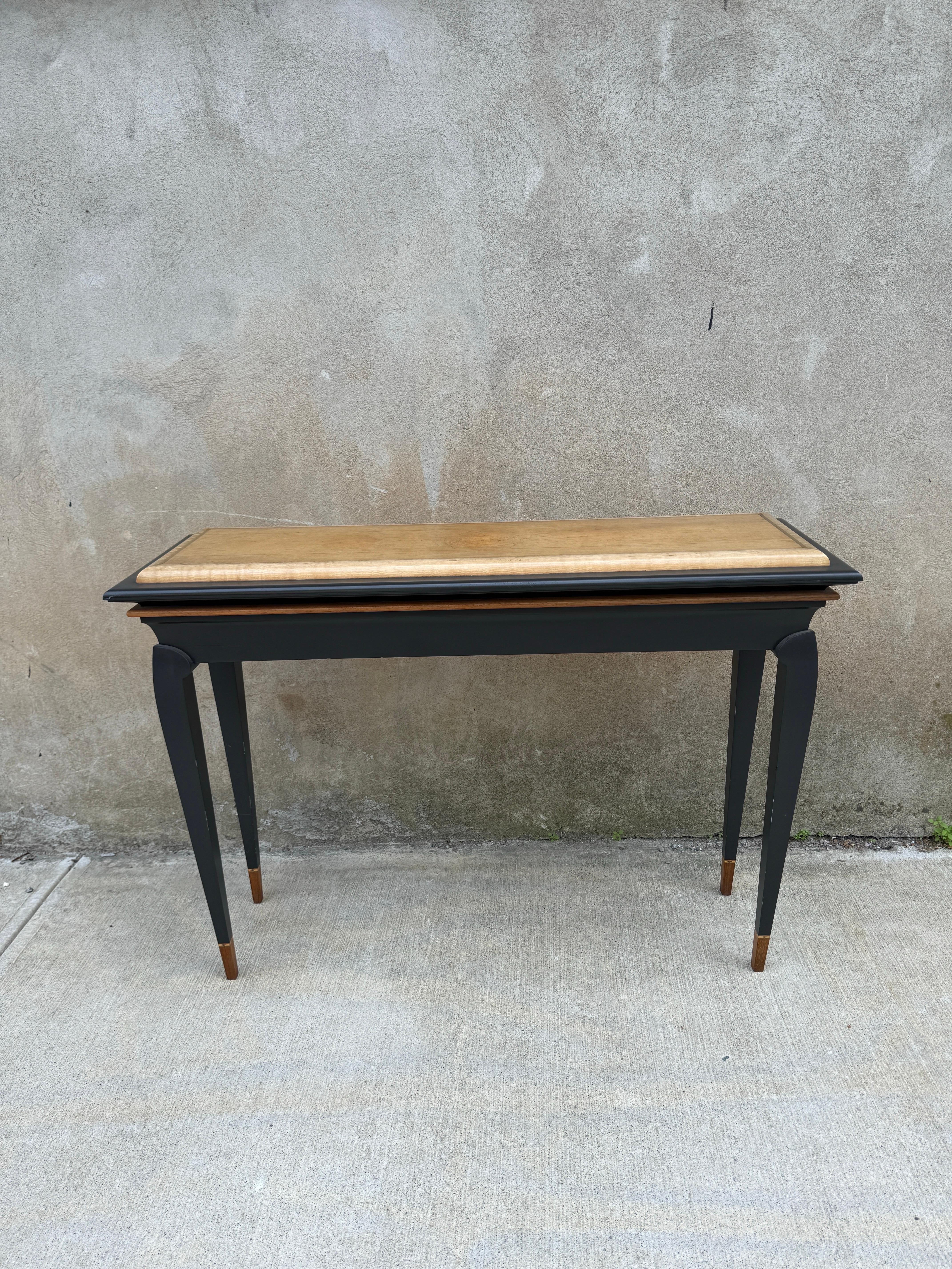 Amazing hand made Ron Puckett Custom Made Console Table NYC 1980’s, one of one, signed.  Expert craftsmanship and marquetry.  Consists of painted maple, curly maple, and padouk.  Original purchase documentation available. Expect some wear and fading