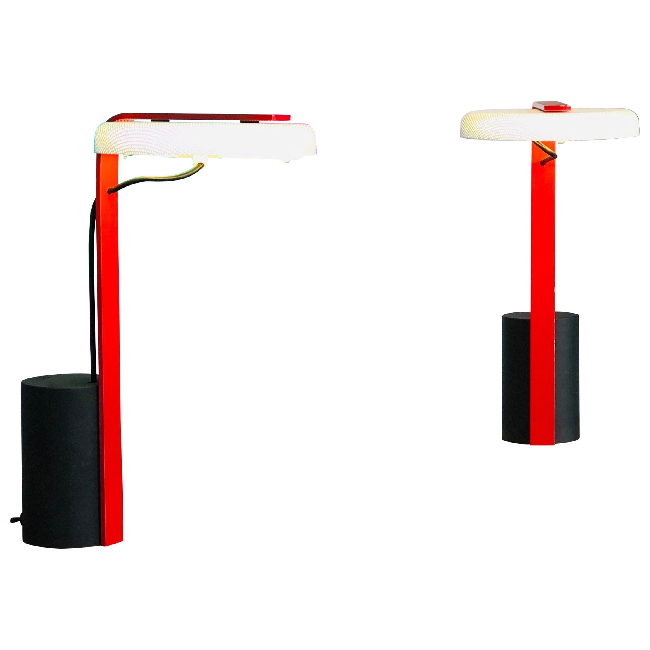 Ron Rezek Post Modern Red, Black and White Table Desk Pair of Lamps For Sale