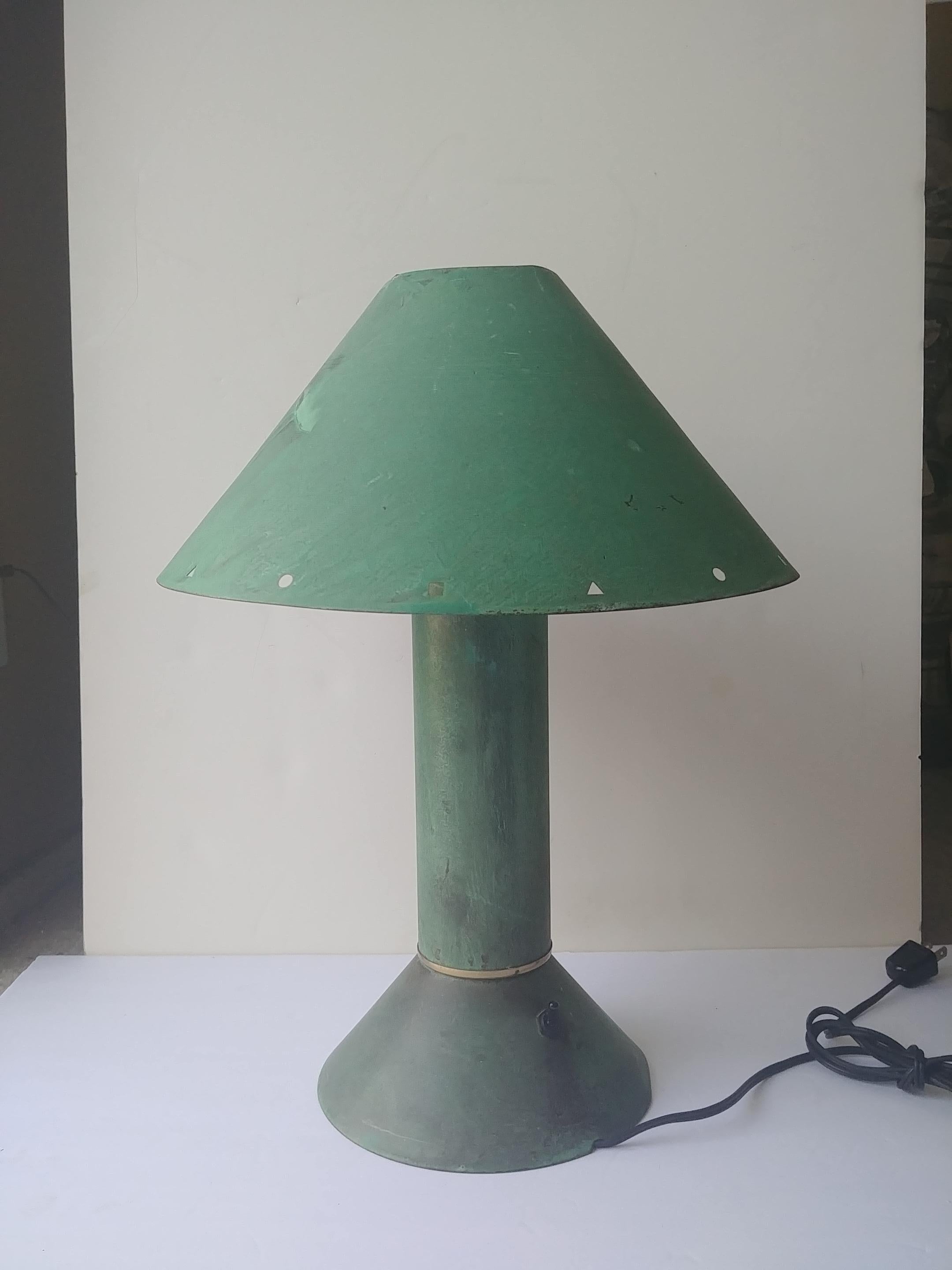 Great and nice 1980s industrial design with the very popular aqua /pastel colors of the time. All metal lamp in a verdigris patina. Has a white metal lining as shown.