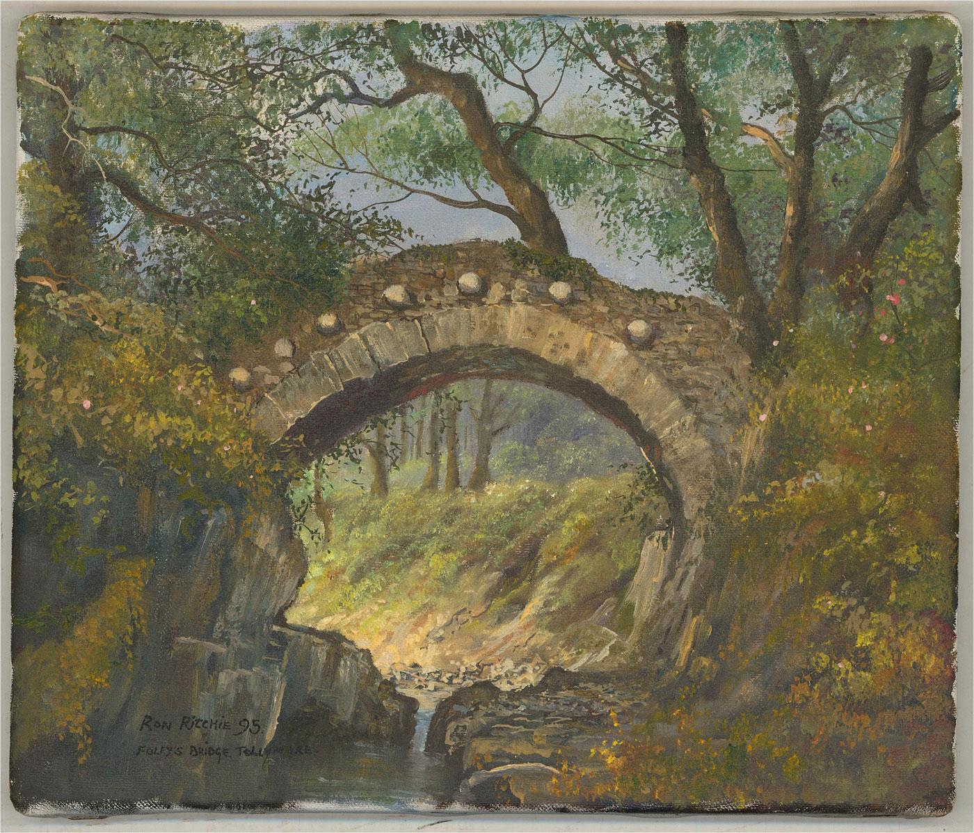 A view from the Shimna River of Foley's Bridge in Tollymore Forest Park, Northern Ireland. The bridge was built in 1787. Signed, dated, and inscribed with the location to the lower-left edge. On canvas on stretchers.
