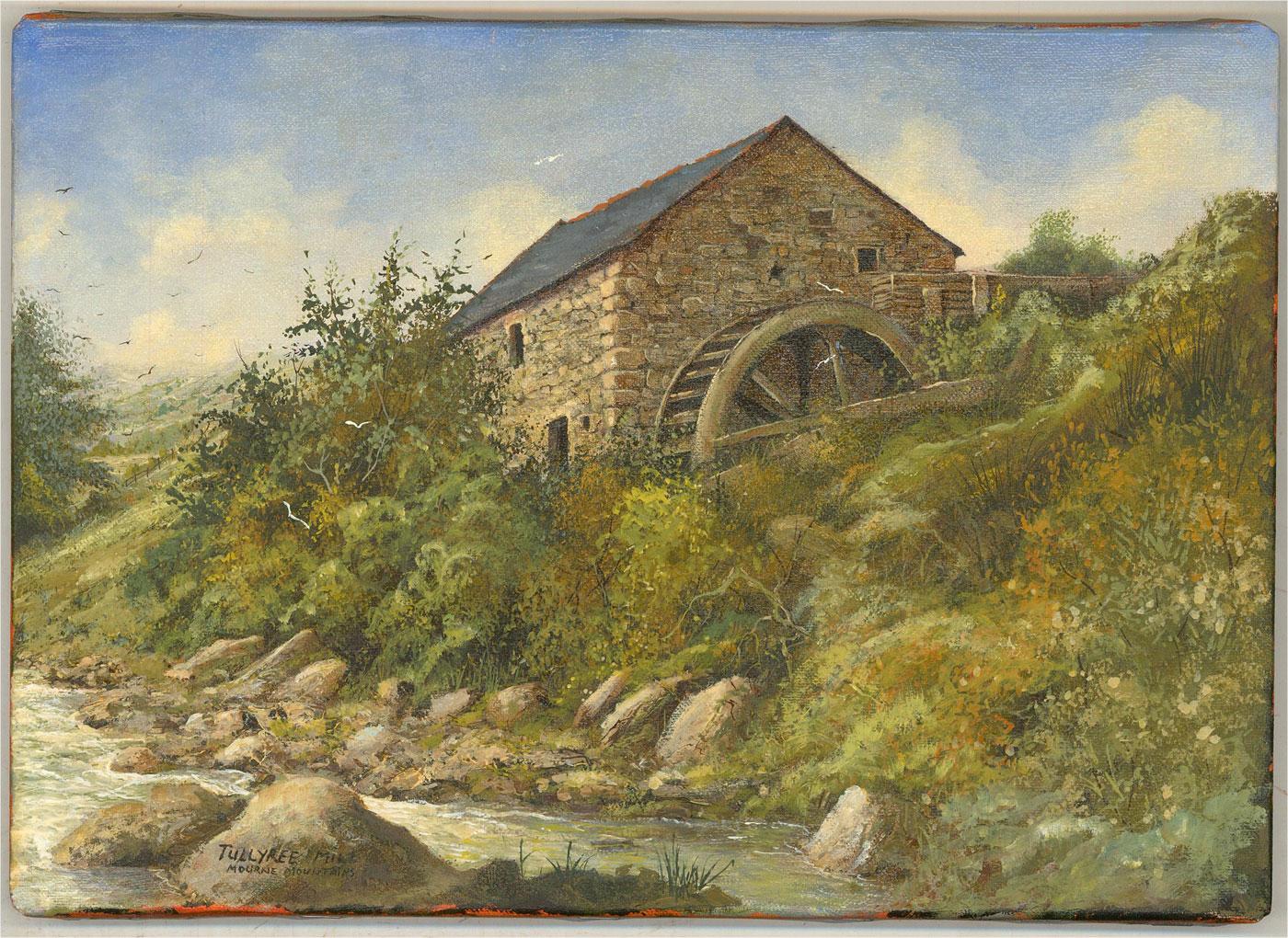 A view of Tullyree Mill in the Mourne Mountains, Northern Ireland. Inscribed with the location to the lower-left edge. Unsigned. On canvas on stretchers.
