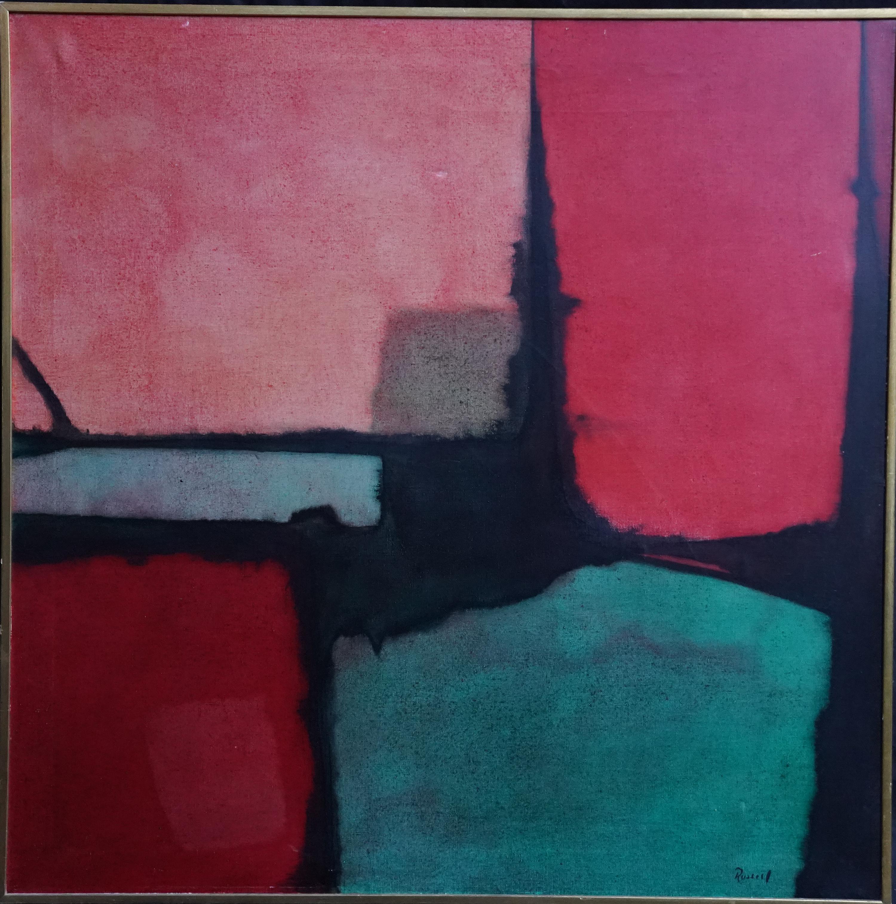 Ron Russell Abstract Painting - Abstract in Red and Green on Black - British sixties art oil painting