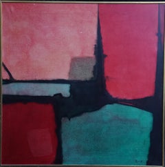 Abstract in Red and Green on Black - British sixties art oil painting
