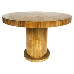 Ron Seff Bamboo Sunburst Marquetry Center Table, Brass Base, American High Style