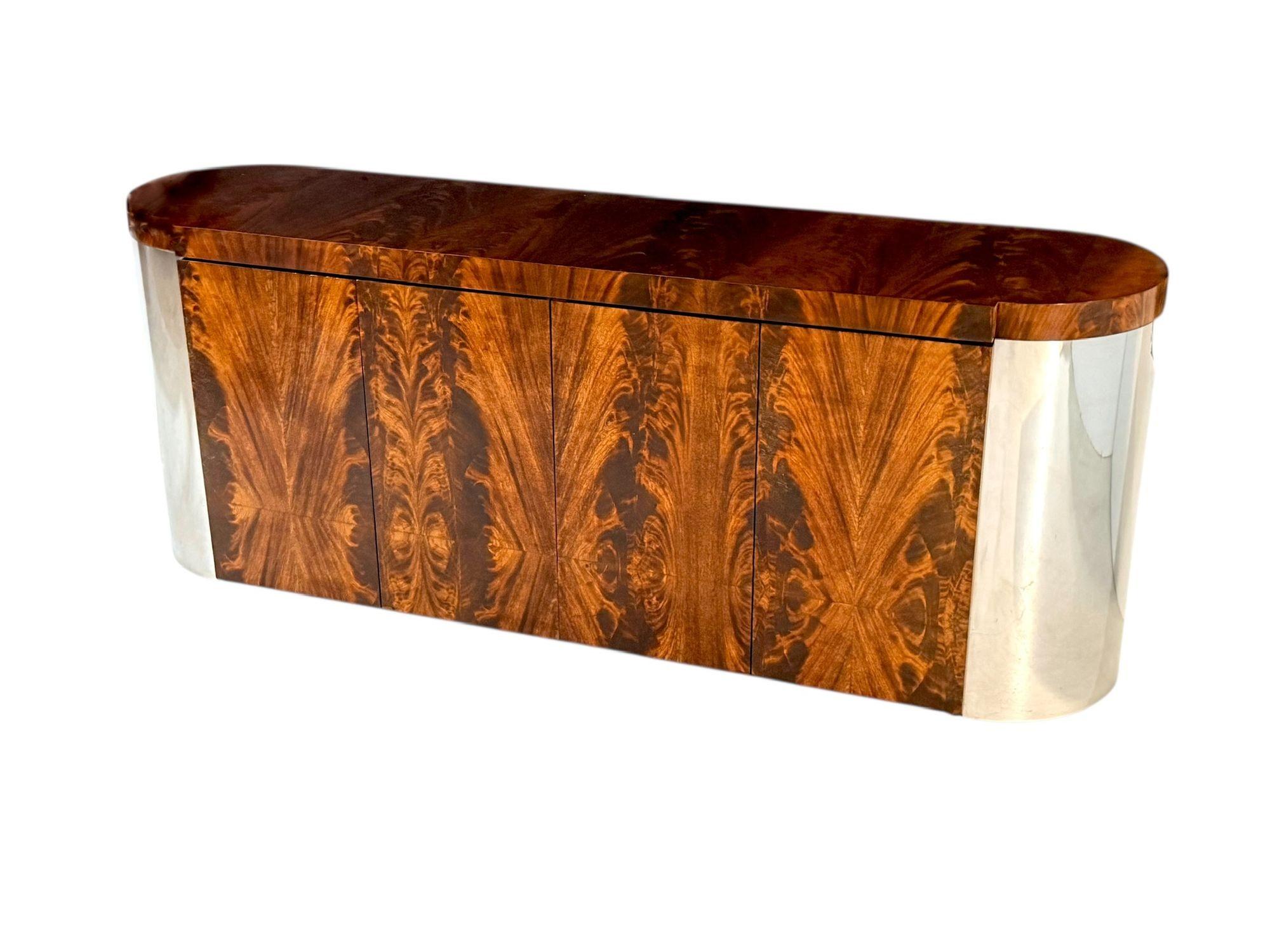 Ron Seff Burled Walnut Credenza with Chrome Sides, 1970’s.  Original
Measures 32.5” tall 84” long 21.25” deep