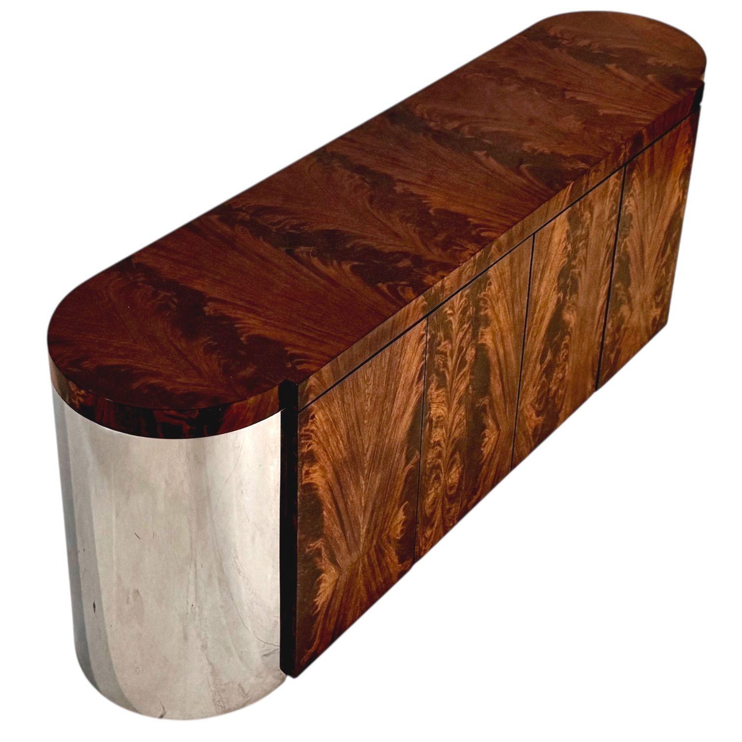 Americano Ron Seff Burled Walnut Credenza with Chrome Sides, 1970 in vendita