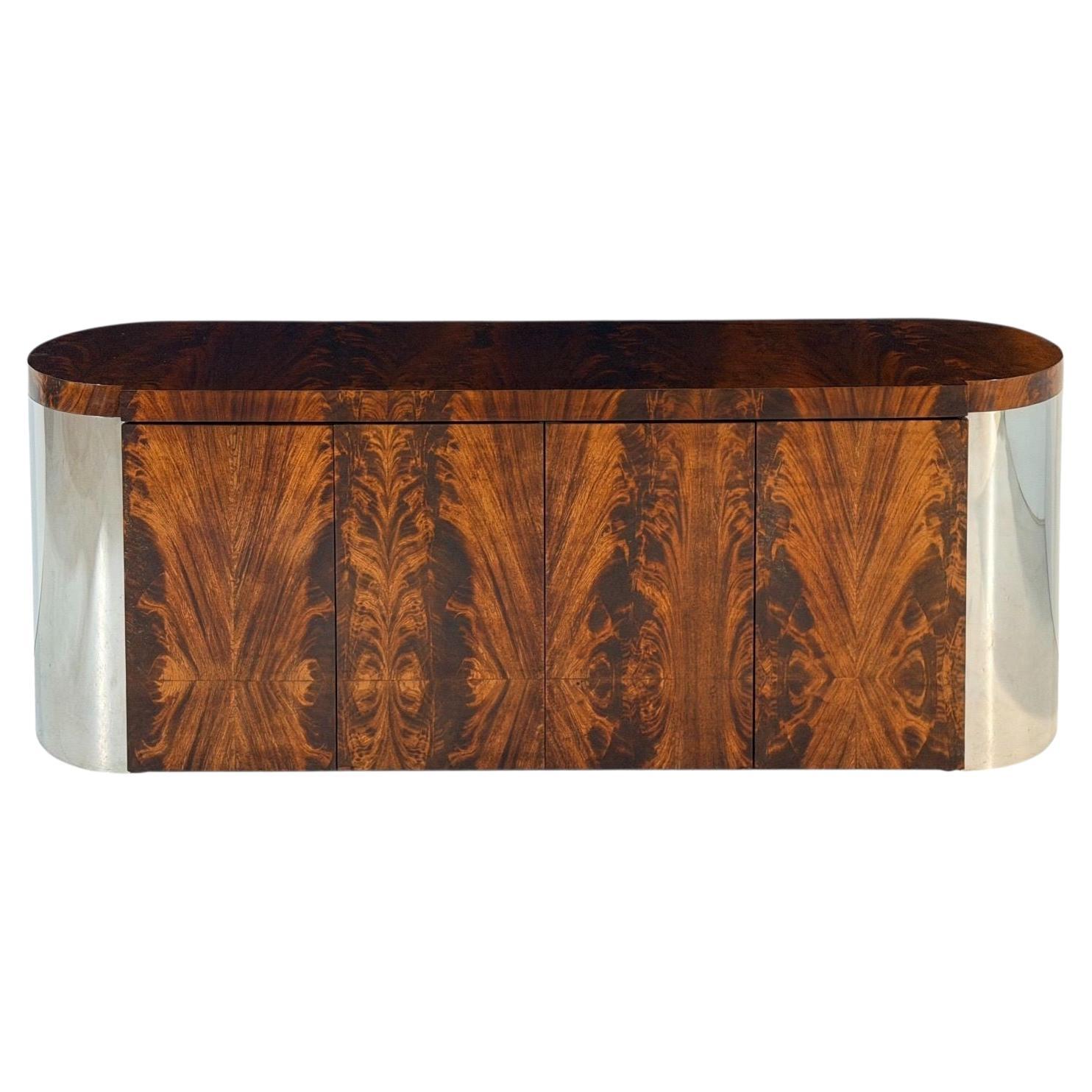 Ron Seff Burled Walnut Credenza with Chrome Sides, 1970 in vendita