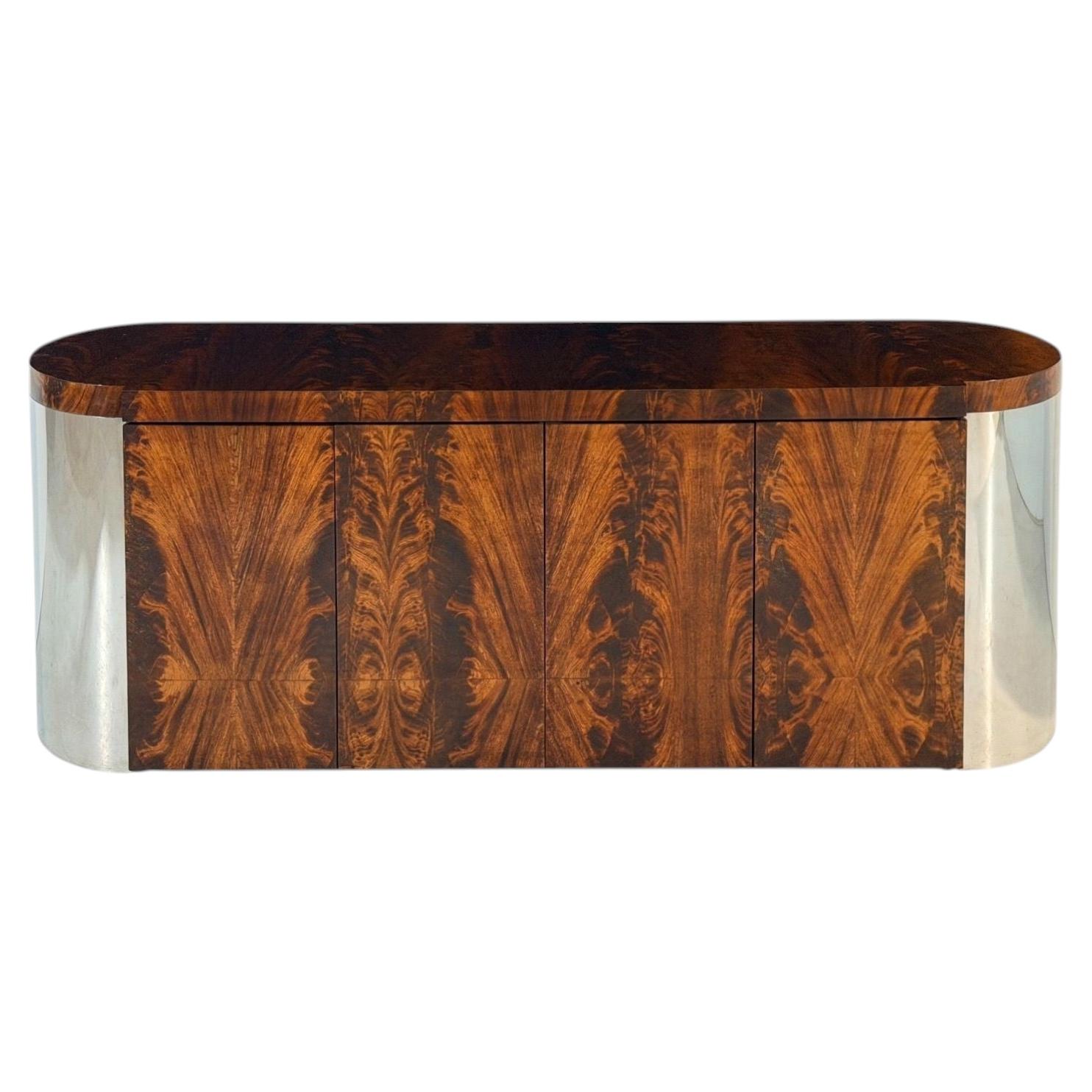 Ron Seff Burled Walnut Credenza with Chrome Sides, 1970 For Sale