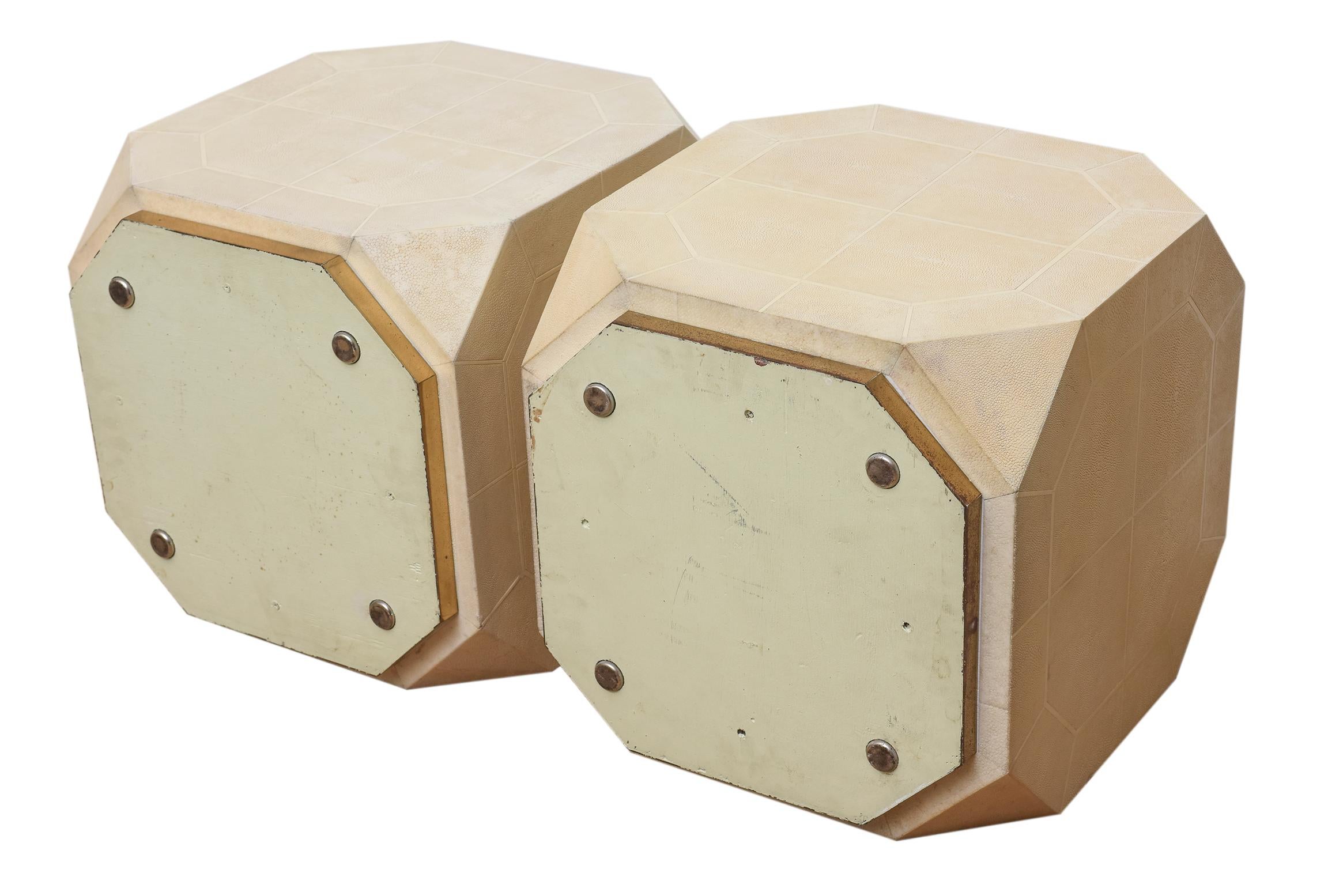 Ron Seff Cream and Off White Shagreen and Bone Inlaid Rare Side Tables Pair For Sale 7