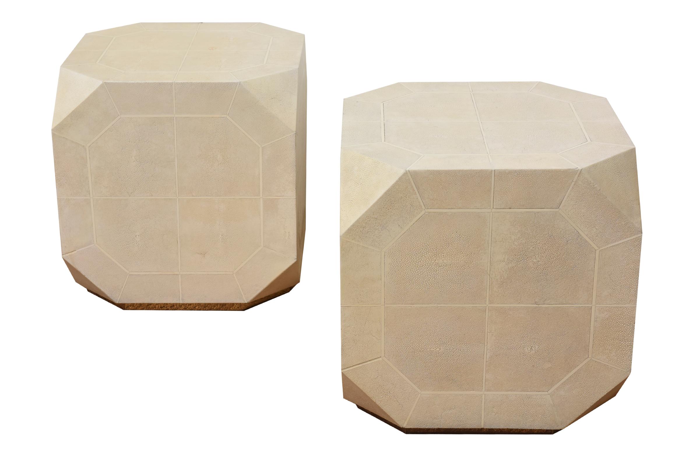 Organic Modern Ron Seff Cream and Off White Shagreen and Bone Inlaid Rare Side Tables Pair For Sale