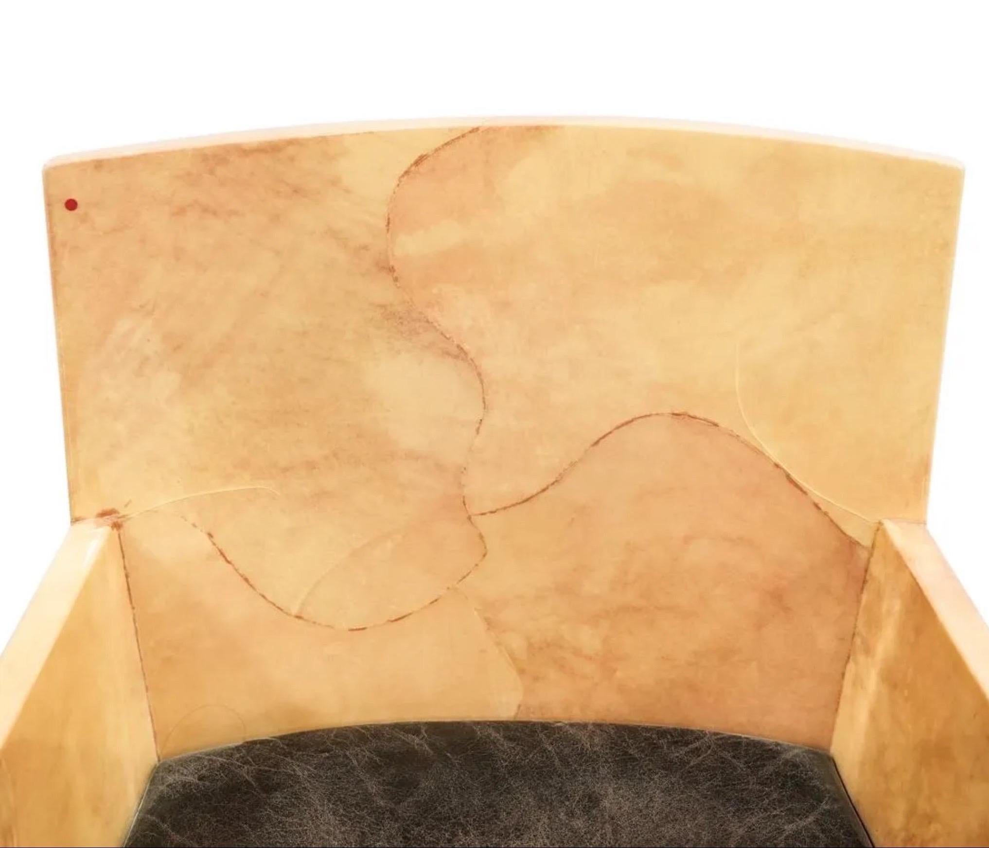 Ron Seff 1980s goatskin lacquered beige armchair.