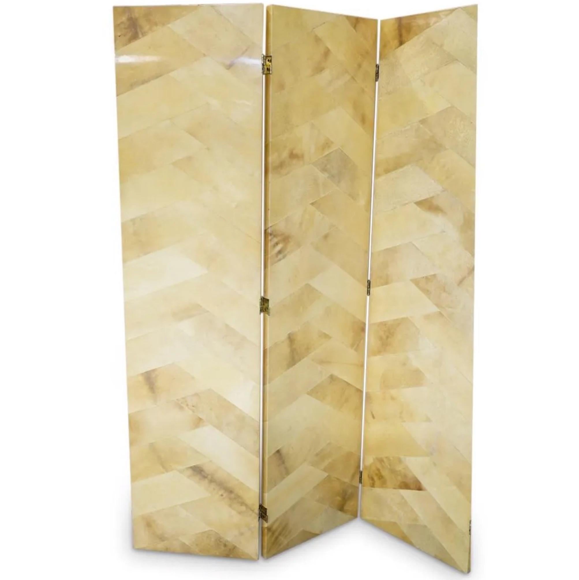 Ron Seff goatskin lacquered screen or room divider with four hinged panels. 
Measures : Each panel is 72 inches High and 18 inches wide.