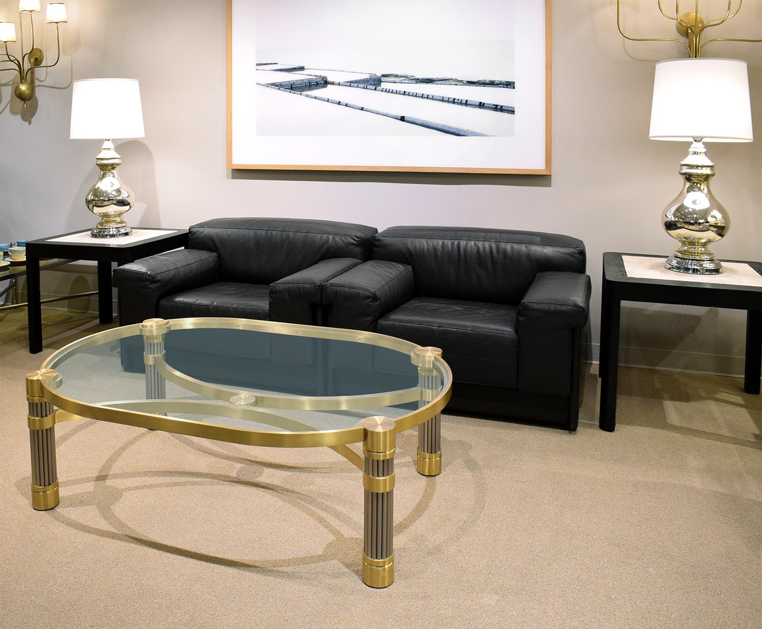Ron Seff Large Coffee Table in Brushed Stainless Steel and Brass, 1980s In Excellent Condition For Sale In New York, NY