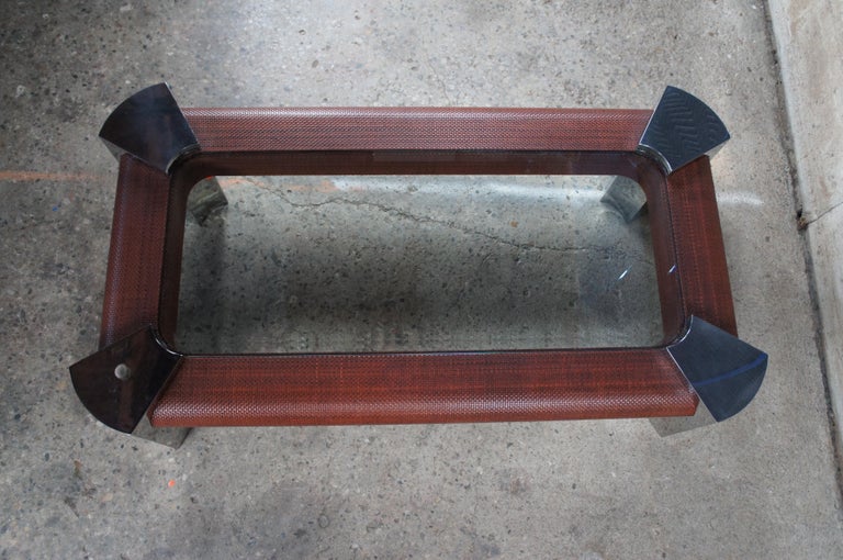 Ron Seff Mid-Century Modern Polished Steel Chrome Rattan Glass Coffee ...