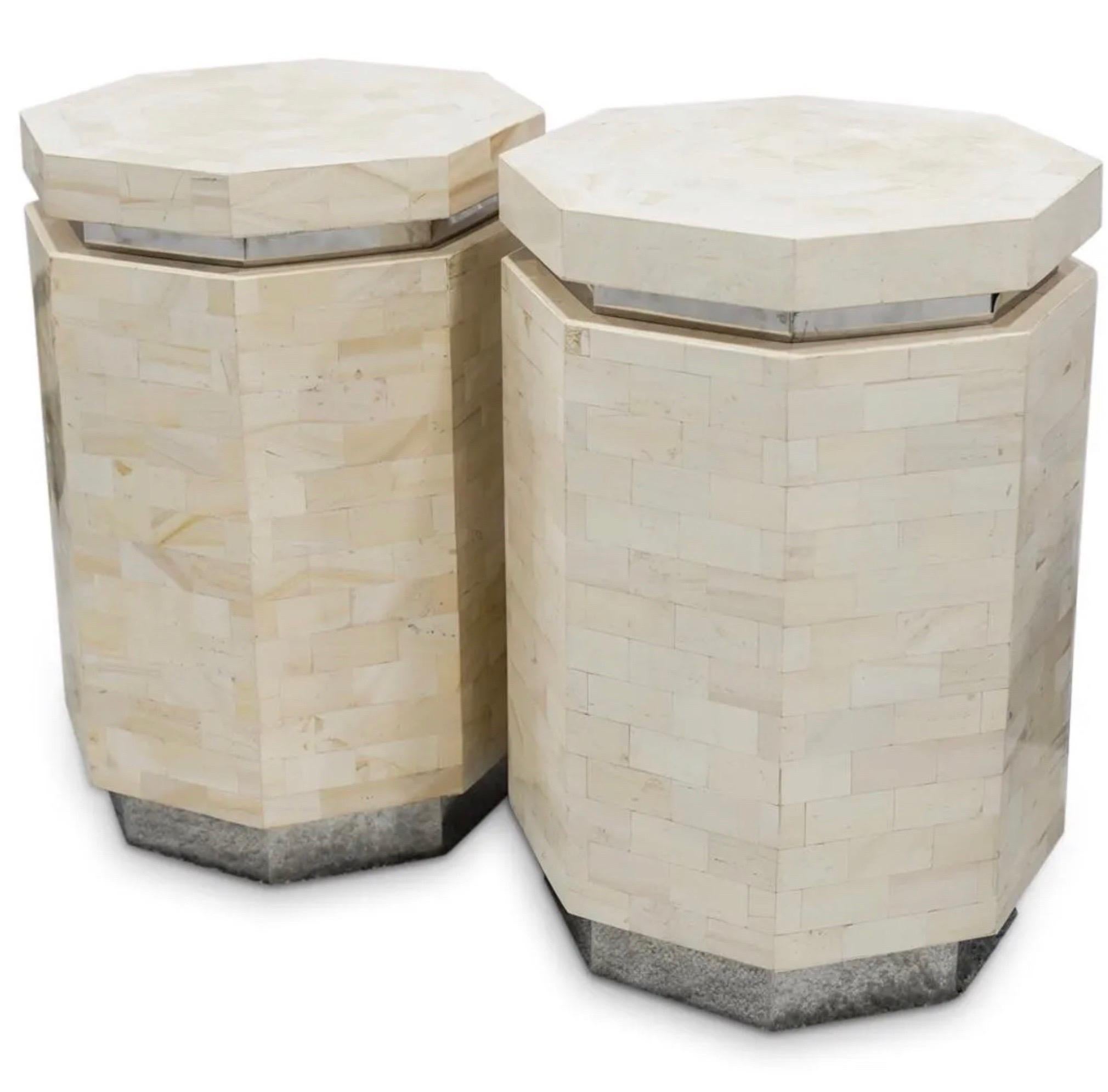 Ron Seff pair of octagonal formed tessellated marble pedestals.