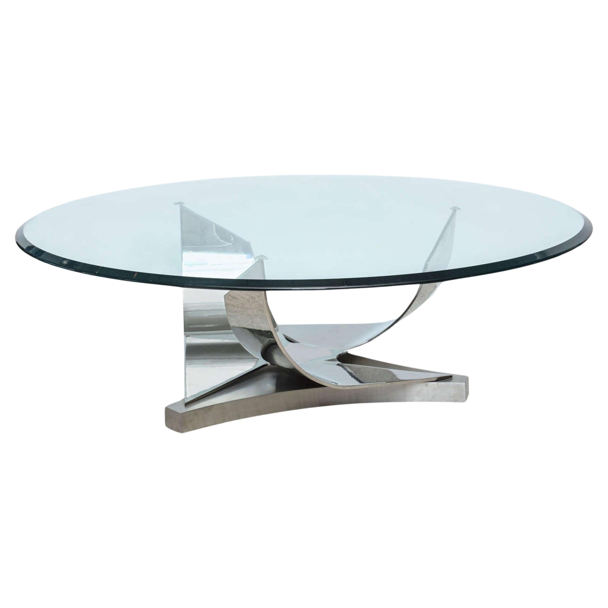 Table basse en chrome poli et verre inoxydable avec plateau en acier inoxydable de Ron Seff