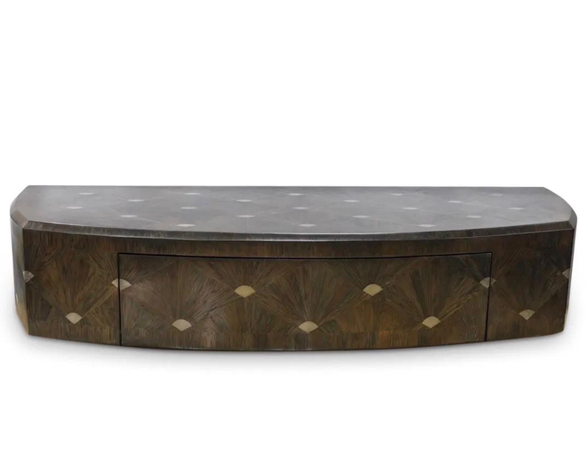 Ron Seff floating console with brown raffia wood marquetry and single drawer design.