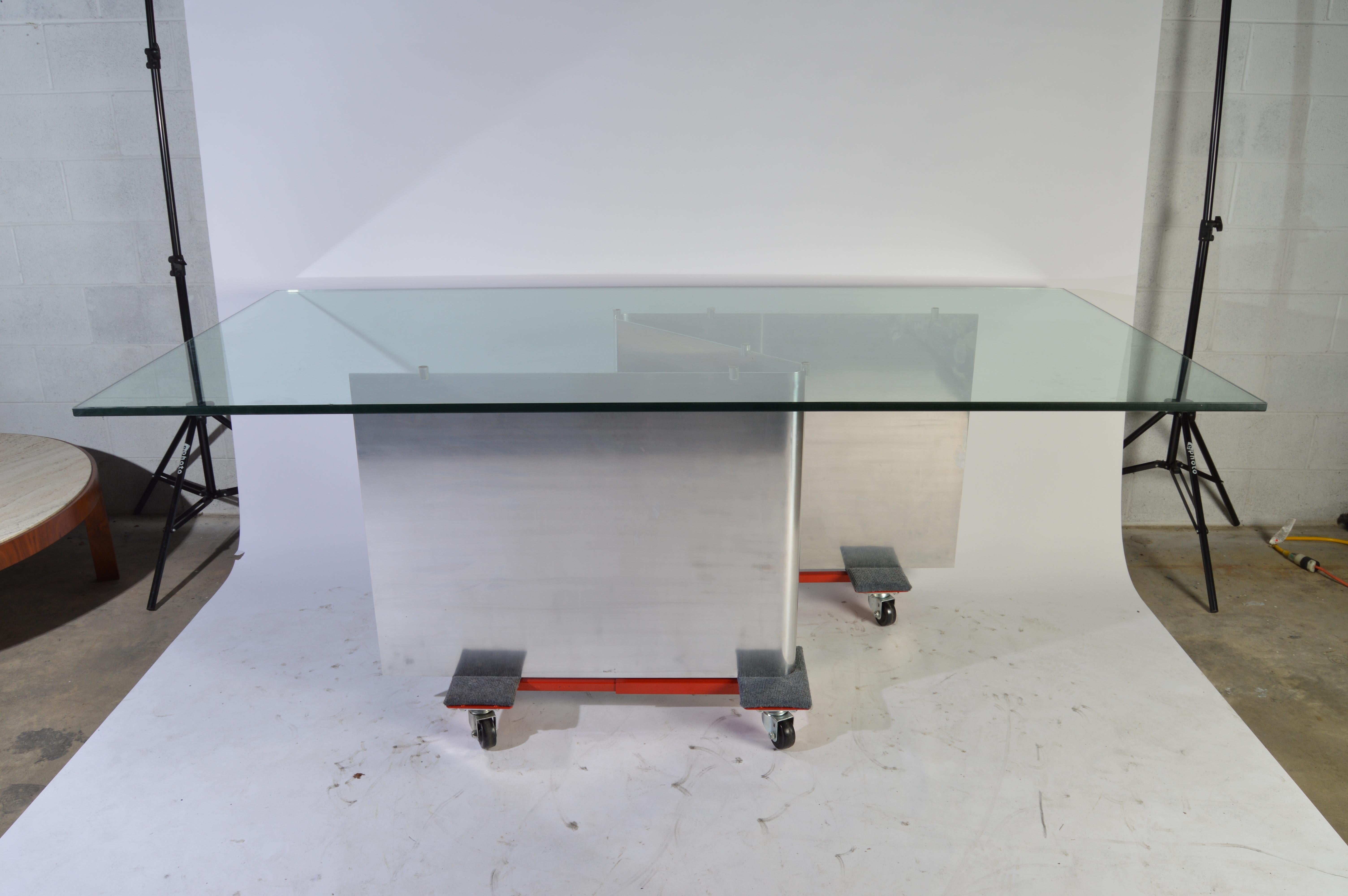 Ron Seff Style Sculptural Stainless Steel Glass Top Dining Table, circa 1970 2