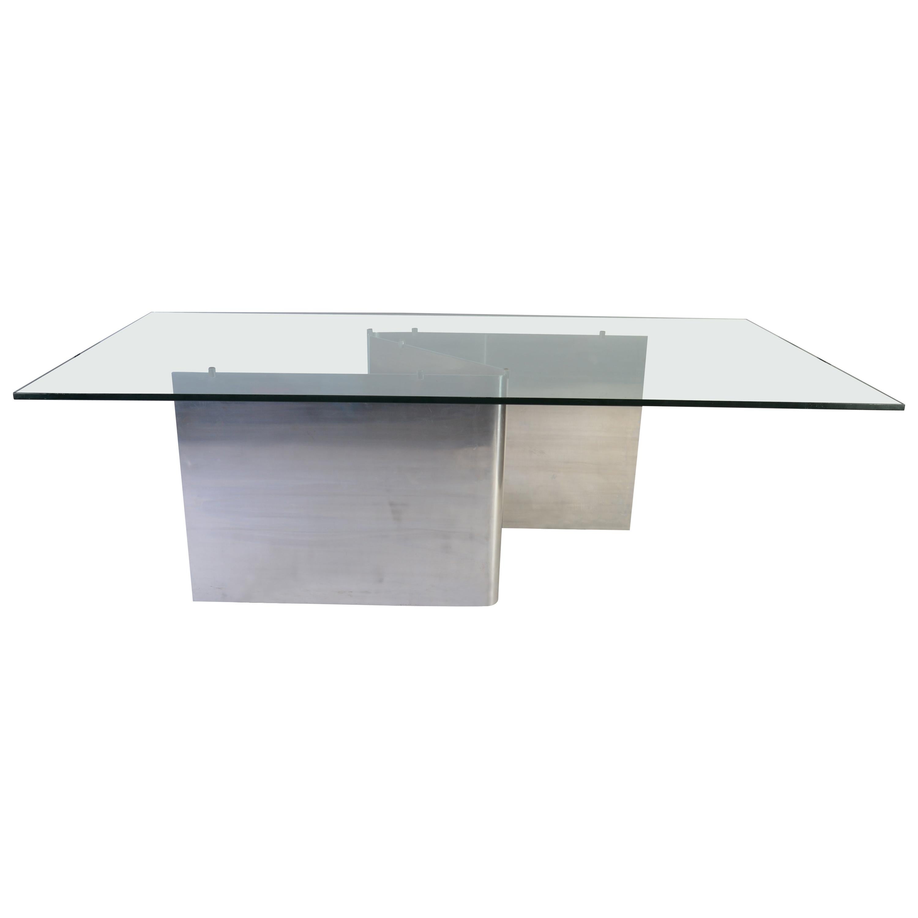 Ron Seff Style Sculptural Stainless Steel Glass Top Dining Table, circa 1970