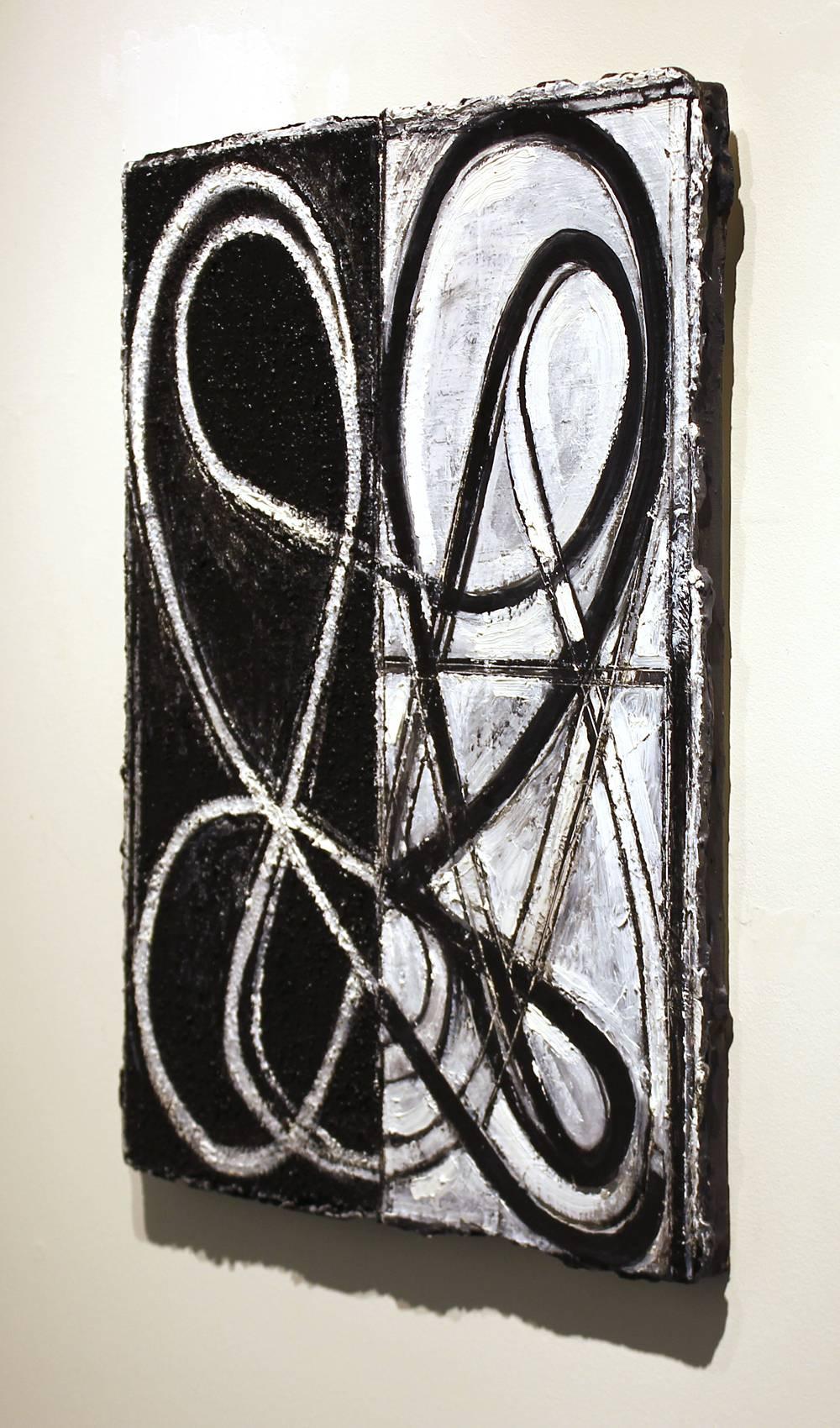 Monkeyrope (For David), abstract black and white oil painting on canvas - Black Abstract Painting by Ron Shuebrook