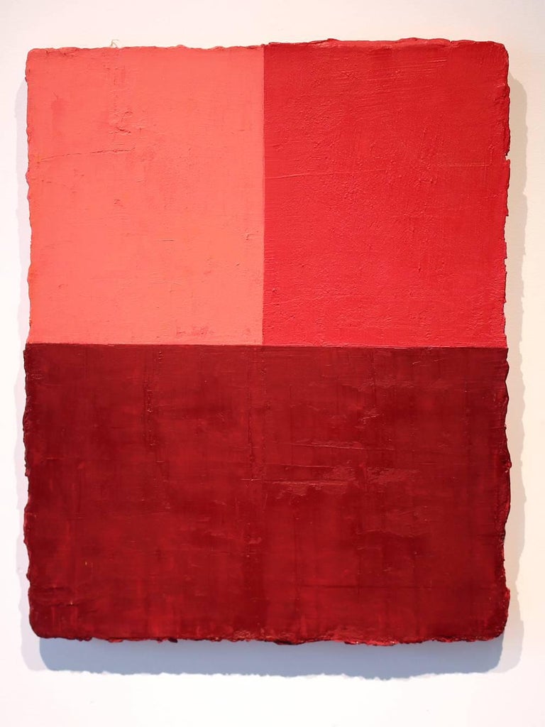 Ron Shuebrook Untitled Red Crimson Pink, abstract acrylic, polyfilla and oil painting For Sale