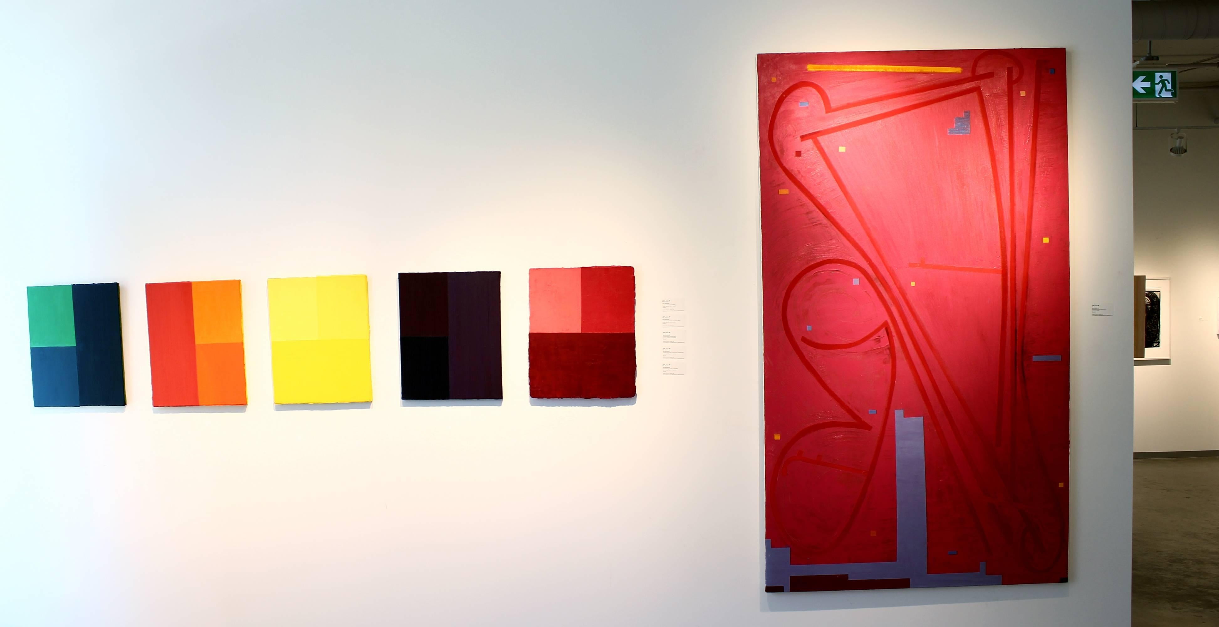 Untitled (Three Oranges), abstract acrylic, polyfilla and oil painting on canvas - Painting by Ron Shuebrook