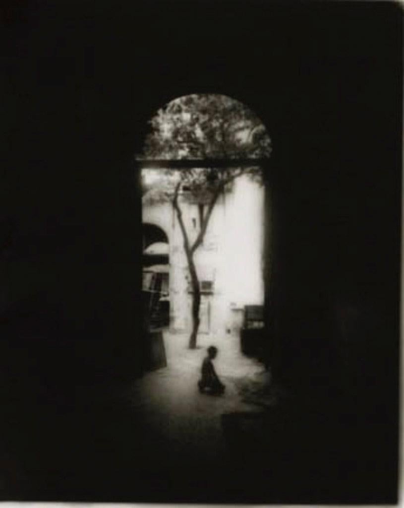 Jeune garçon agenouillé : photo en noir et blanc de La Havane, Cuba avec un arbre dans une porte voûtée