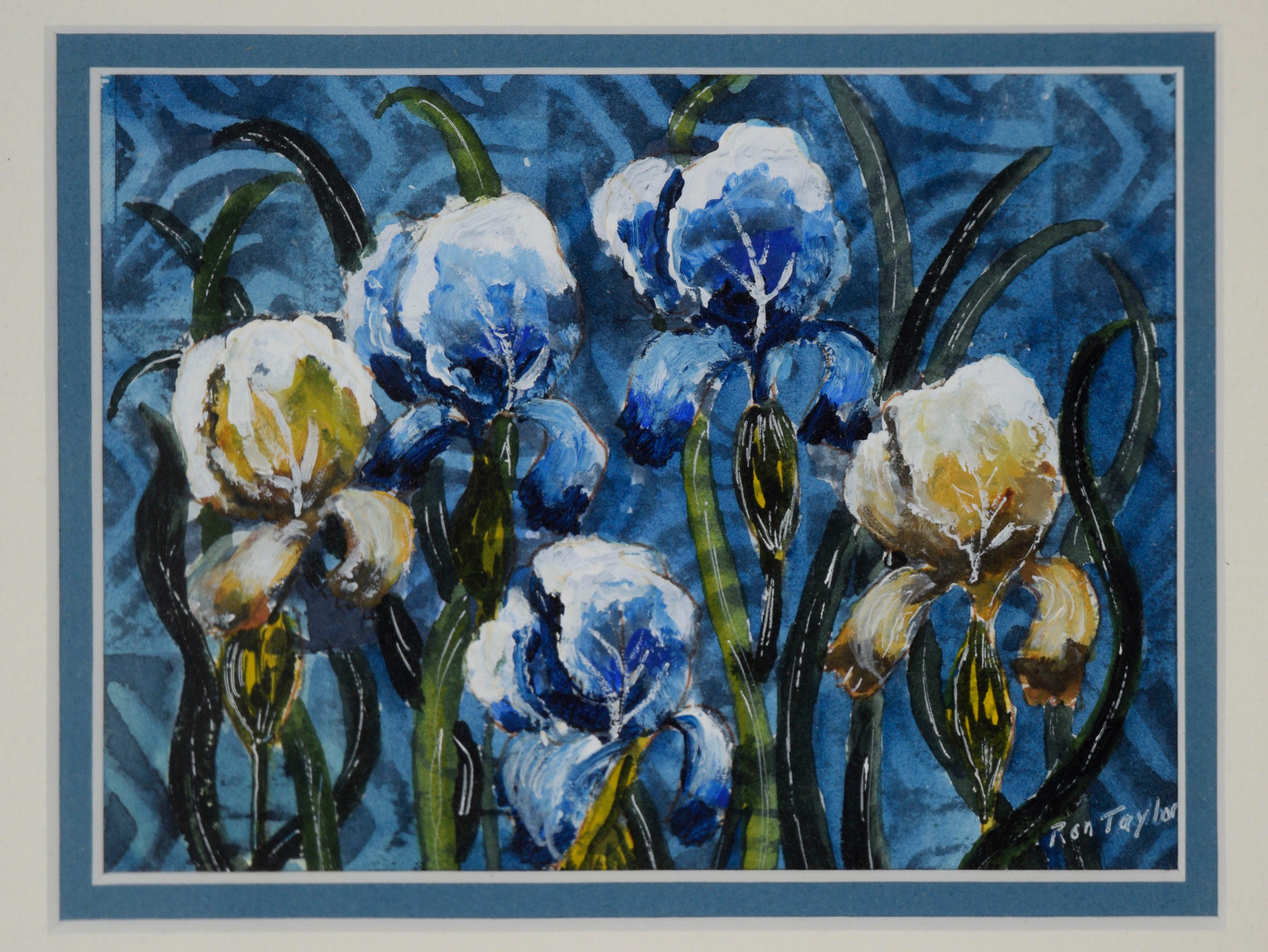 Natura morta di iris giapponese - Acquerello e inchiostro su carta - Painting di Ron Taylor