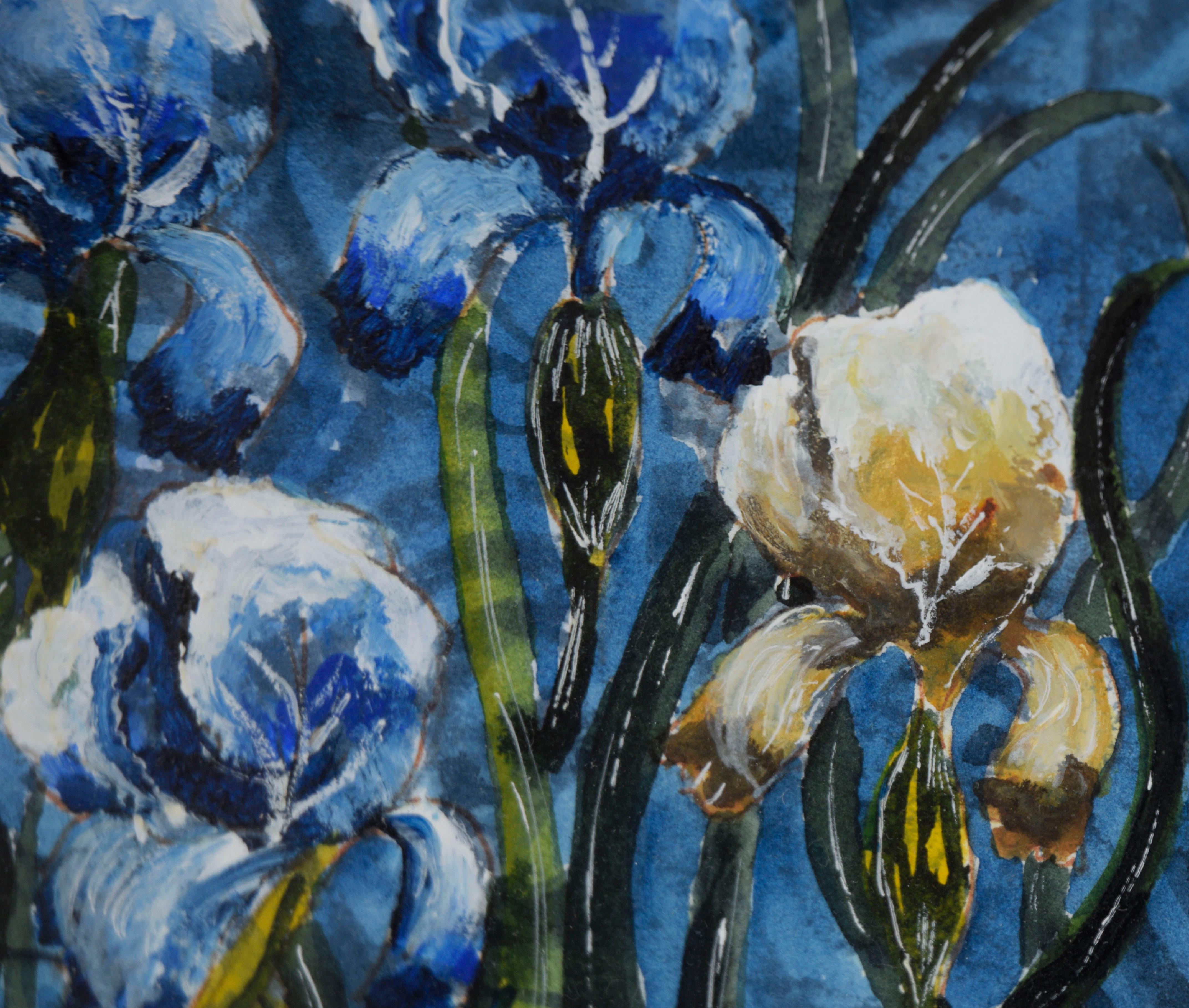 Natura morta di iris giapponese - Acquerello e inchiostro su carta - Still-Life Painting Blu di Ron Taylor