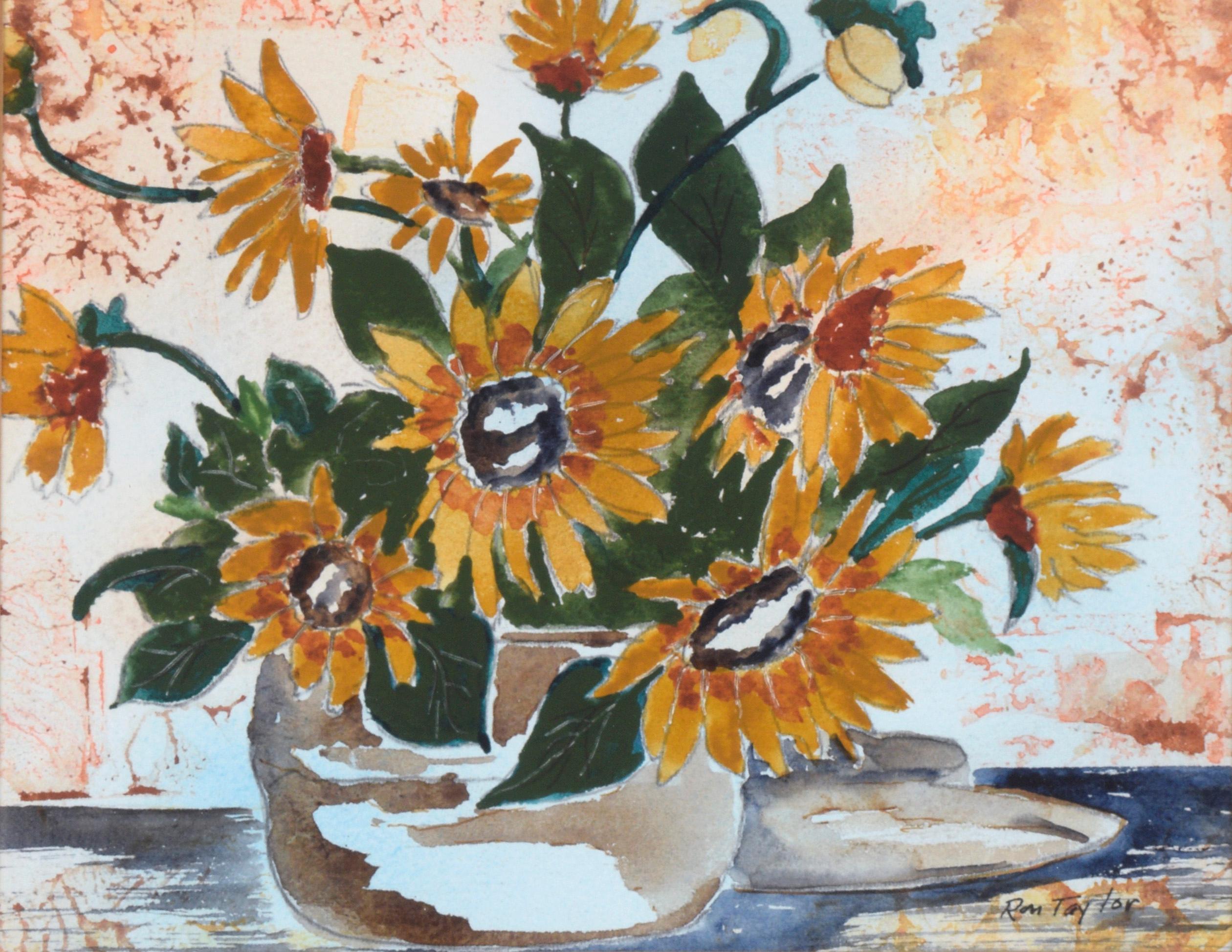 Natura morta di girasoli - Acquerello e inchiostro su carta - Painting di Ron Taylor