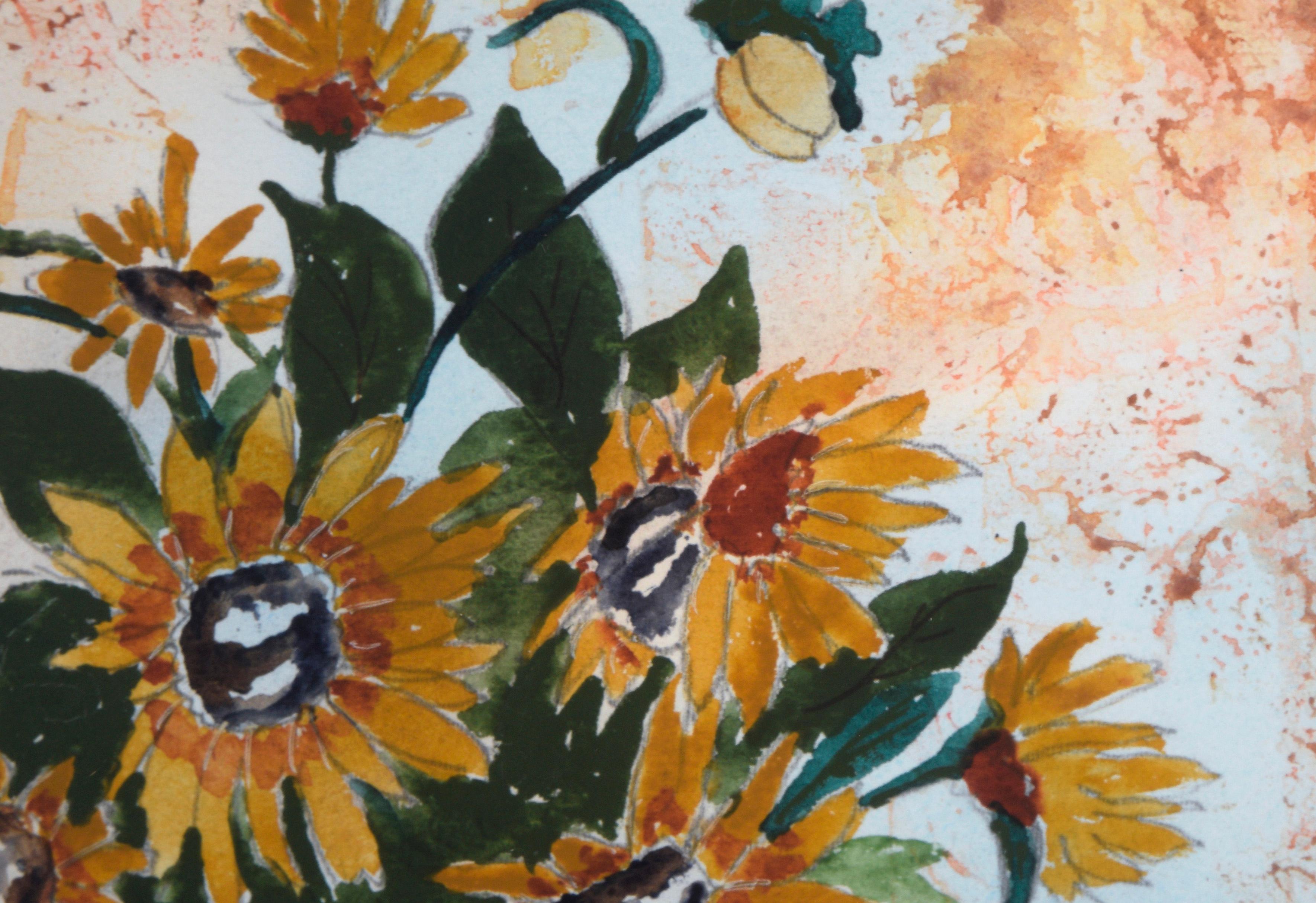 Natura morta di girasoli - Acquerello e inchiostro su carta - Interior Painting Beige di Ron Taylor