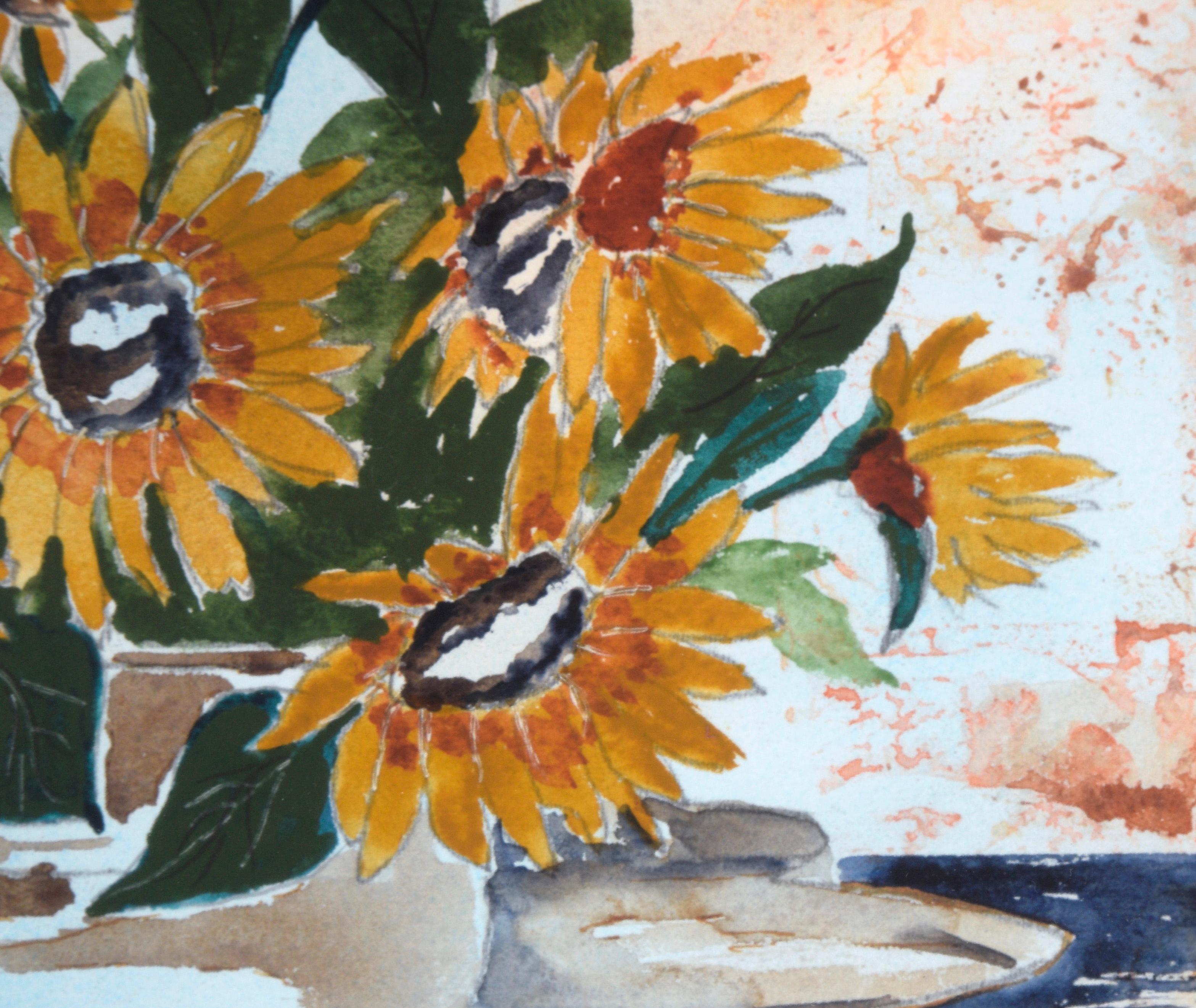 Natura morta di girasoli - Acquerello e inchiostro su carta

Dipinto originale ad acquerello e inchiostro raffigurante girasoli di Ron Taylor (americano, 20° secolo). Un vaso corto pieno di girasoli è appoggiato su un tavolo di legno rustico. Questo