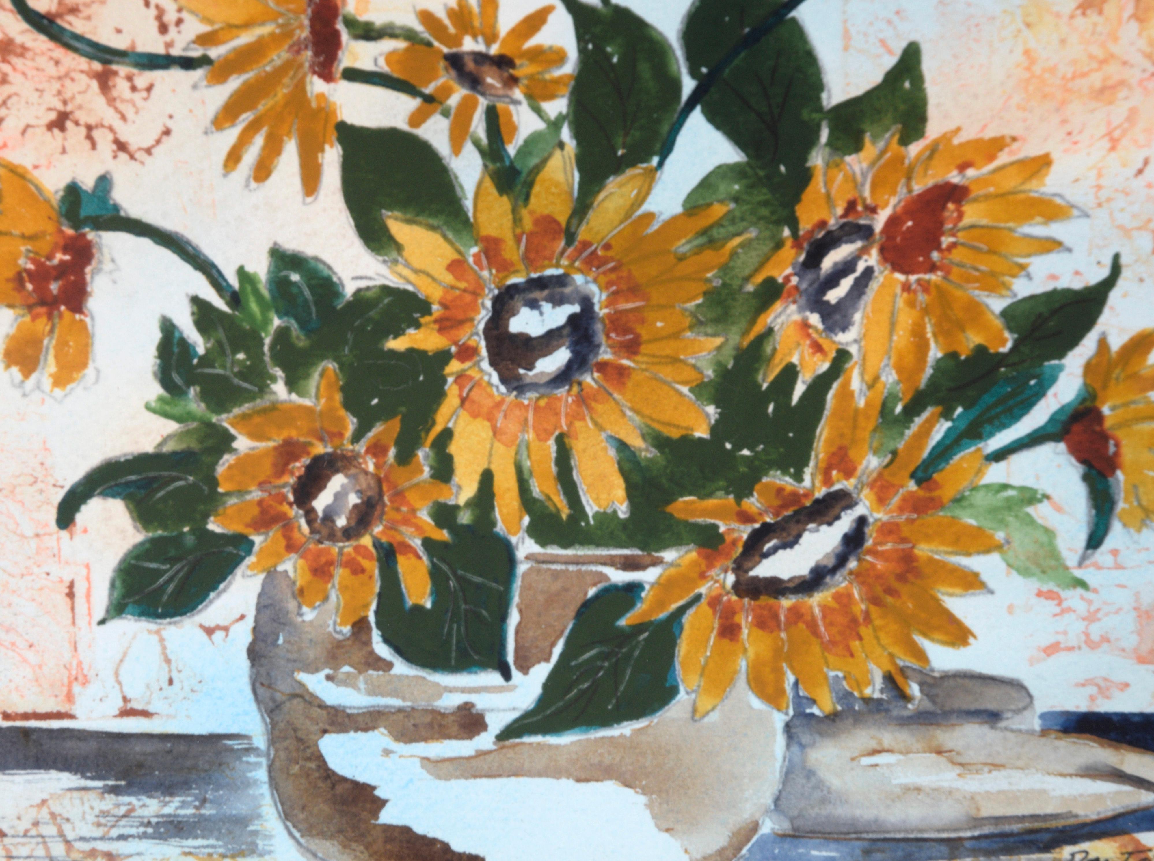 Natura morta di girasoli - Acquerello e inchiostro su carta in vendita 1