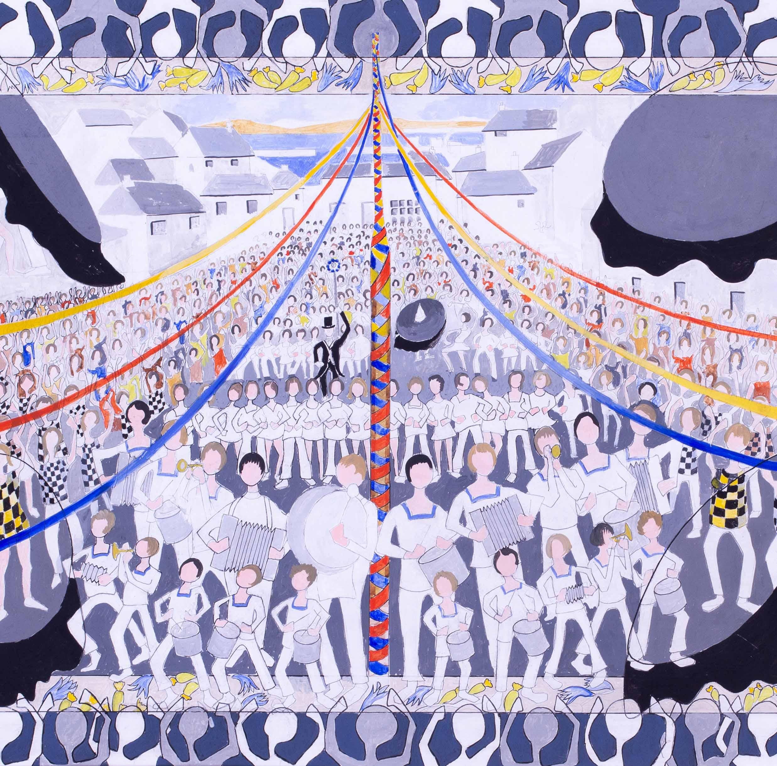 Padstow Obby Oss Festival, Cornouailles, Angleterre par Ron Wood, huile sur carton en vente 1