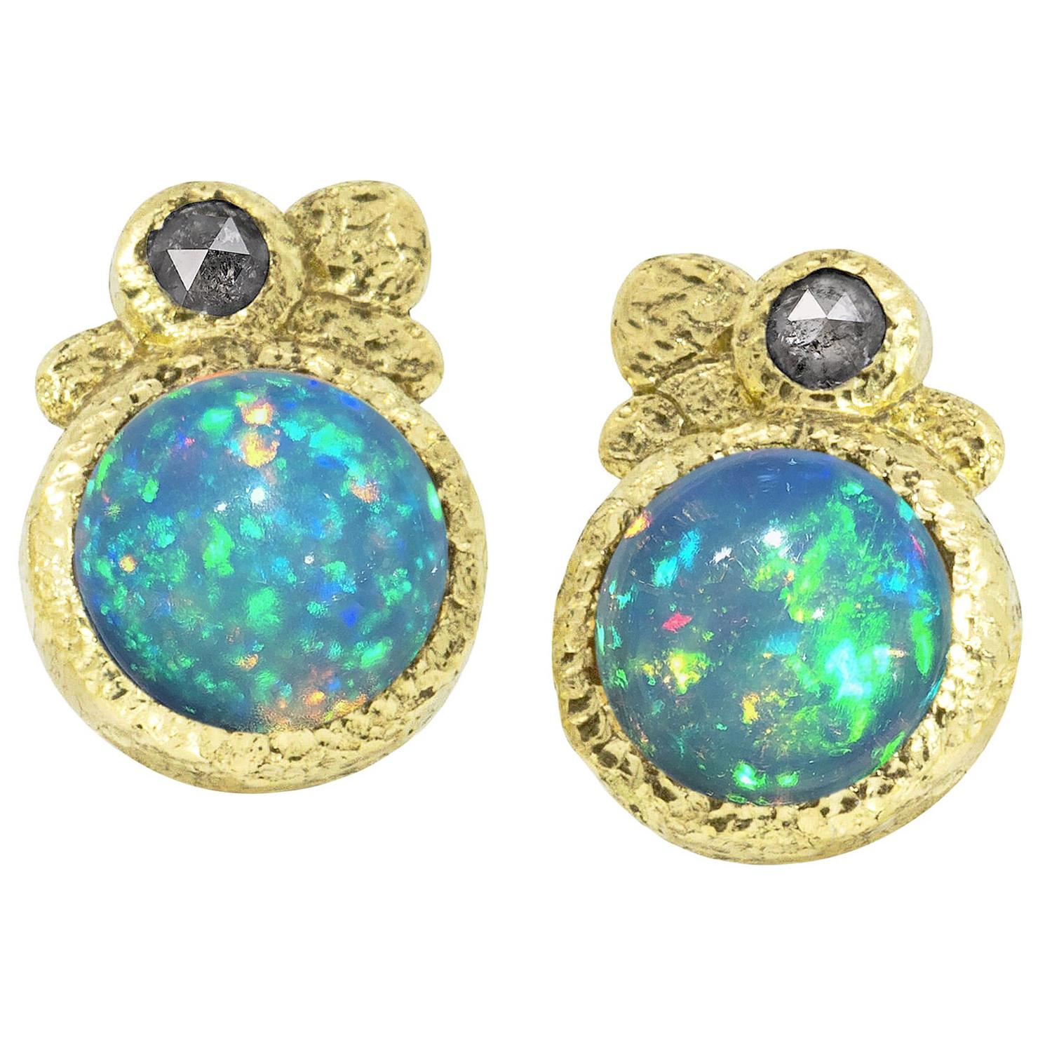Rona Fisher Fiery Deep Blue Ethiopian Opal Salt and Pepper Diamond Stud Earrings