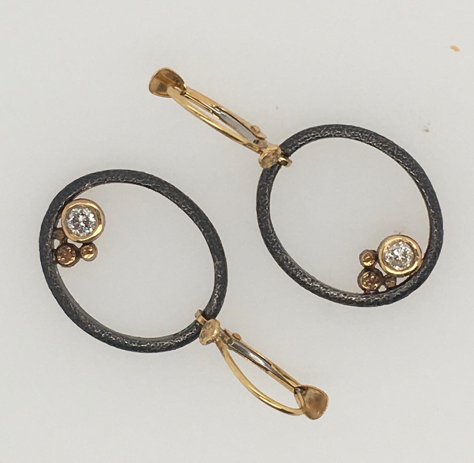 Rona Fisher Oxidized Sterling Silver Oval Open Pierced Earrings with Diamonds For Sale 4