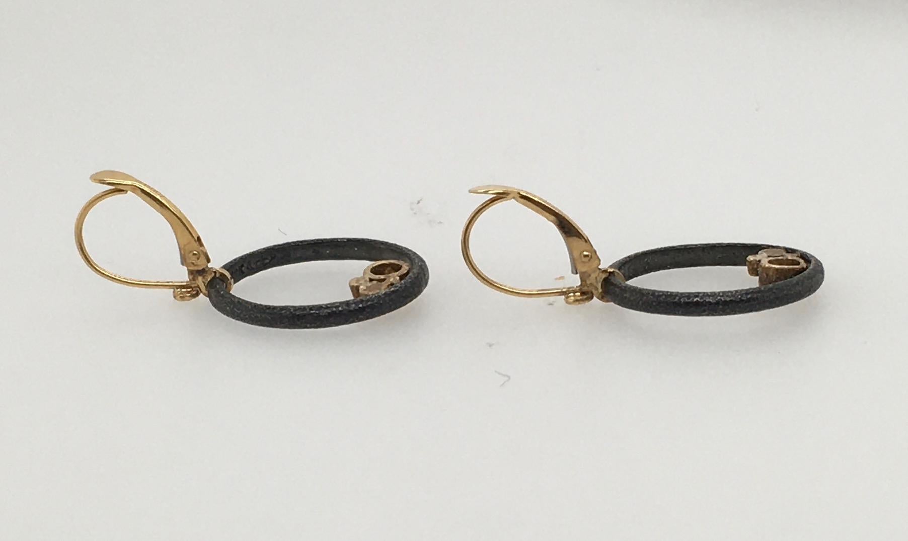 Modern Rona Fisher Oxidized Sterling Silver Oval Open Pierced Earrings with Diamonds For Sale