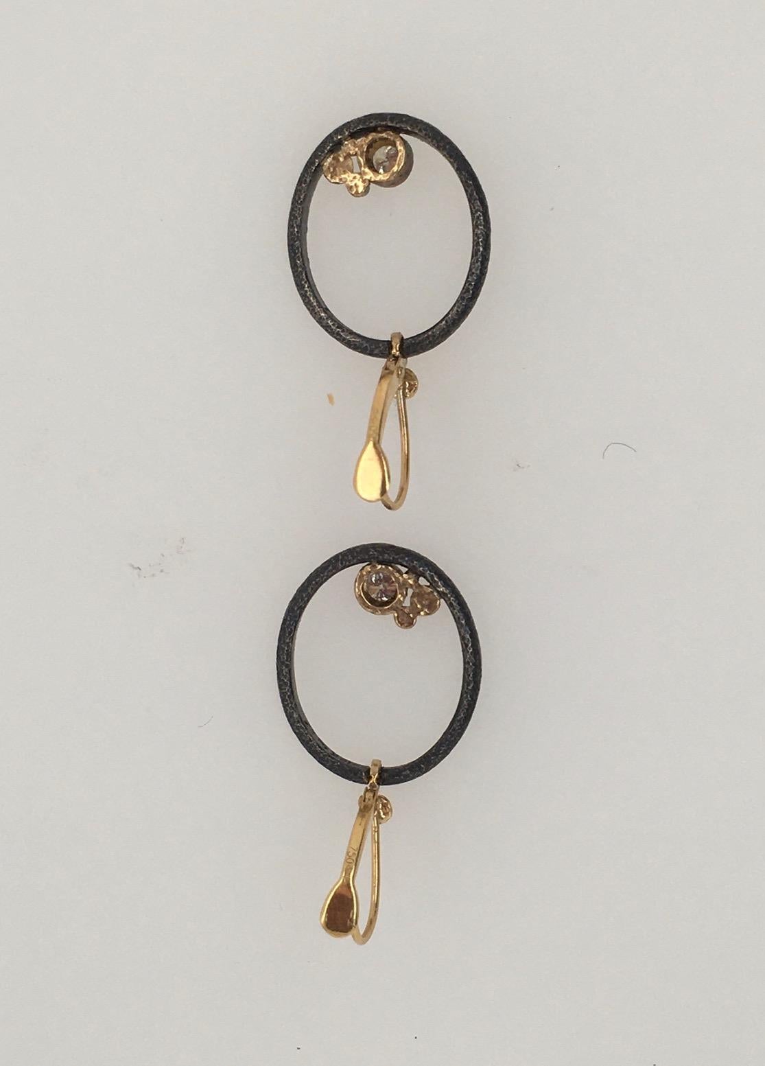 Round Cut Rona Fisher Oxidized Sterling Silver Oval Open Pierced Earrings with Diamonds For Sale