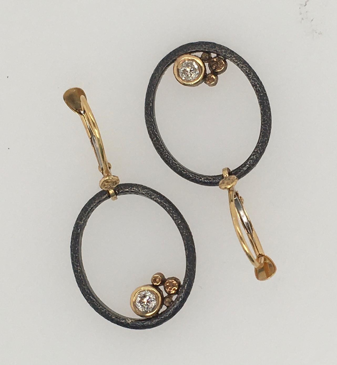 Rona Fisher Oxidized Sterling Silver Oval Open Pierced Earrings with Diamonds In New Condition For Sale In Kennebunkport, ME